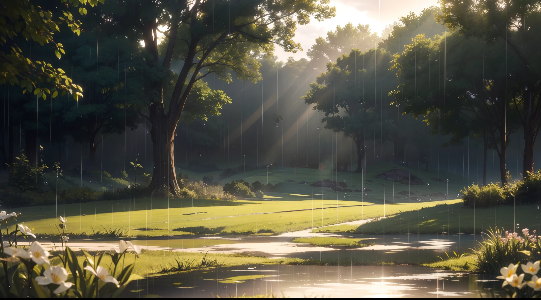 Ultra realistic, masterpiece quality, rain shower in open field ,(( sunlight reflecting through rain drops)), Cinematic, rain drops passing sunlight