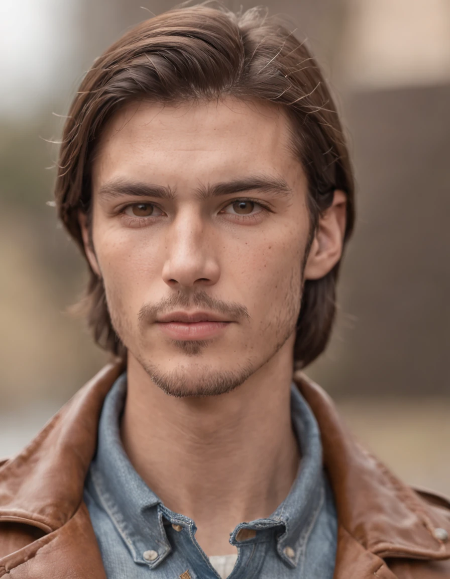 Editorial Photography. 1980s style. brown long hair, Little beard. , smirk, Brown leather jacket, Jeans, Medium Term., The air is shady.....,. Calm and quiet., road, Detailed skin. 35 mm.......,(nikon d850), realistic skin texture , ultra face details