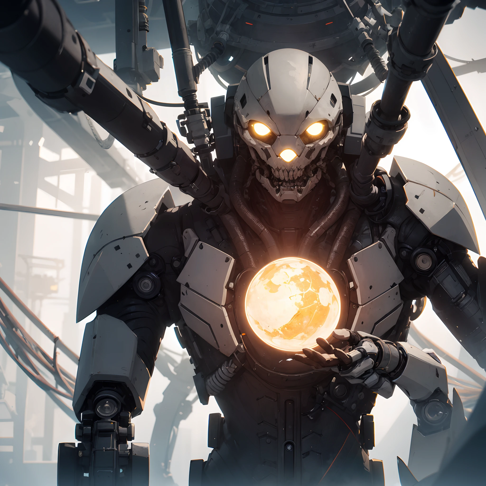 Robo with a verda sphere in his hands chat gptPrompt Positive: ((melhor qualidade)), ((obra-prima)), ((realista)), Mysterious scientist in a futuristic laboratory with lots of high-tech equipment. Bright neon and soft lighting. Retrato surrealista em estilo sci-fi de HR Giger, realizado em pintura digital. Cores escuras e esverdeadas. High-definition 3D rendering, incredible details. Thrills mystery, intrigue and fascination. Scientist has mechanical arms and cybernetic eyes. at eye level, scenic, obra-prima. o| Canon M50| 100mm| foco nítido| liso| hiper-realismo| altamente detalhado | detalhes intrincados| esculpido por michelangelo