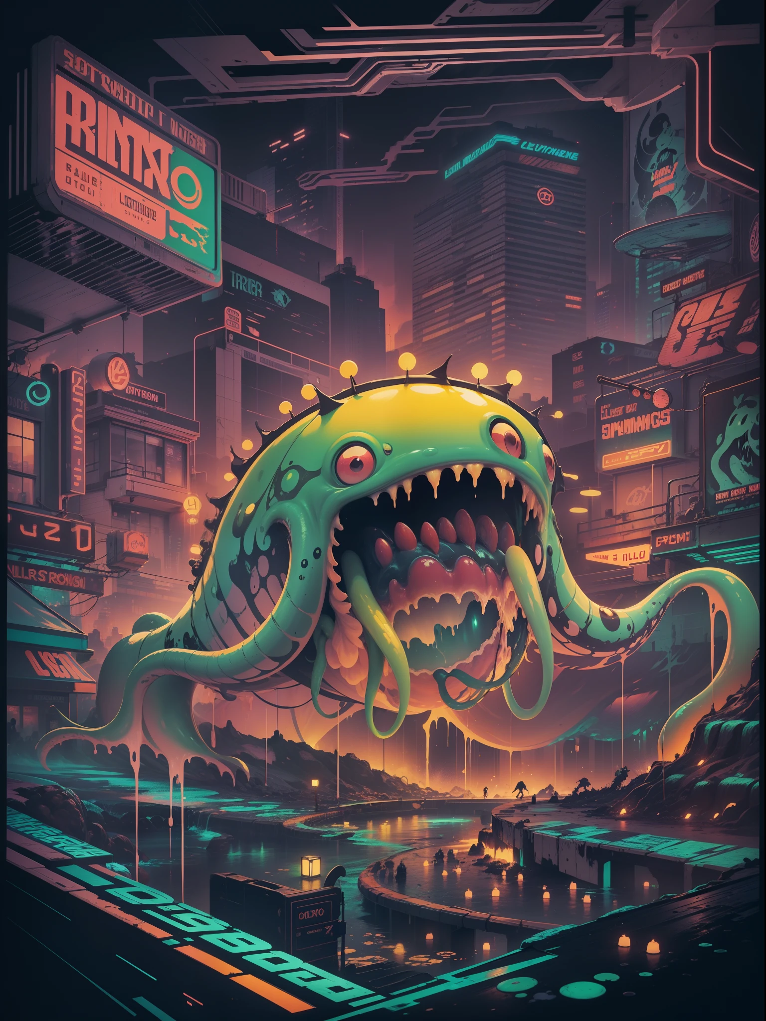 analogue photography of an abysmal slimy droopy anamorphic jelly creature crawling from the abyss in an off-broadway production, grungy poster, 35mm film photography, filmgrain, rule of thirds, retro minimalism, neon streets, slightly horroresqueA hip colorful pepper design with a futuristic feel, in the style of colorful vector, isolated on a black background, detailed character illustrations, high - contrast shading, Ultra HD, nihilcore, colorful cartoon, illustration --upbeta