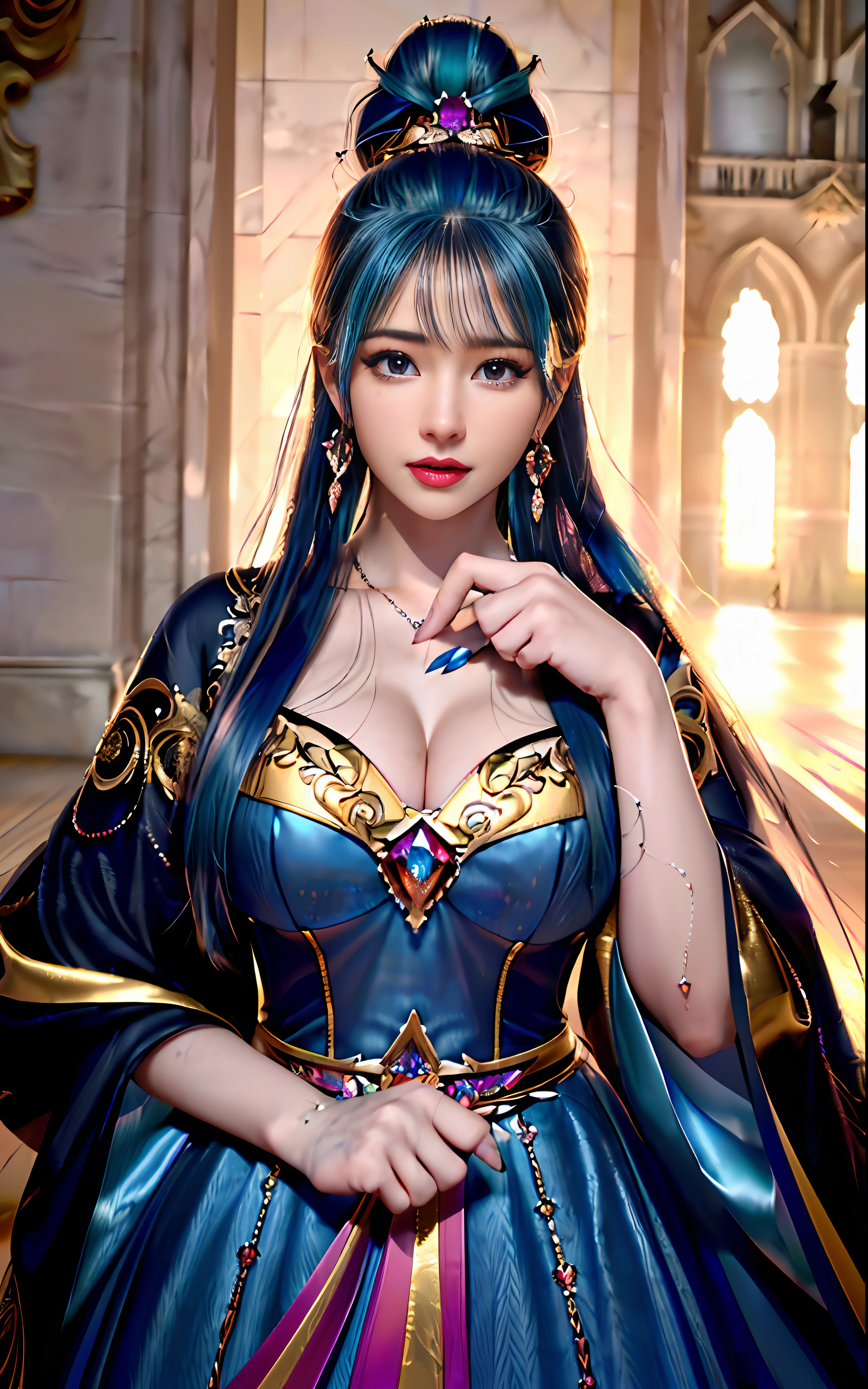((realisticity: 1.2)), ((realistic: 8K UHD)), ((best resolution: 8K UHD)), hyper detailed, best quality,masterpiece,highres,cg, ((1 girl hyper detailed and hyper realistic) ) , ((beautiful queen, hyper realistic and hyper detailed)),((white skin, beautiful, smooth, youthful, hyper realistic and hyper detailed )), ((Face hyper beautiful, white, hyper realistic and hyper detailed ) ), long hair, ((hyper realistic and hyper detailed dress)), solo, ((hyper realistic, hyper beautiful, beautiful and hyper detailed jewelry)), ((hyper beautiful deep red and golden yellow dress, hyper realistic and hyper detailed )) , ((Her pretty, hyper realistic, hyper detailed diamond filled earrings)), ((Her gorgeous diamond haircut, hyper realistic and hyper detailed)), ((hyper pretty upper body, hyper beautiful, hyper realistic and hyper detailed) ), ((medium breast: 1.1)), ((hyper realistic, hyper pretty, hyper detailed boobs)), ((the backgroun of the royal palace is hyper majestic, hyper realistic and hyper detailed)),((hands and palms hyper beautiful, hyper detailed, hyper realistic)), ((hyper detailed and hyper realistic fingers and fingernails)), ((hyper pretty fingernails, hyper vivid, hyper detailed, hyper realistic)), ((thumb, index finger, middle finger, ring finger, little finger hyper vivid, hyper pretty, hyper detailed, hyper realistic)), ((hyper beautiful fingers, hyper detailed, and hyper realistic)), ((posture not too fat and not too thin, hyper realistic, hyper detail)), ((hyper pretty, hyper pretty, hyper realistic and hyper detailed hair bun)), ((hyper pretty , hyper realistic and hyper detailed blue hair)), candid, Photo, high resolution, 8k , bokeh,