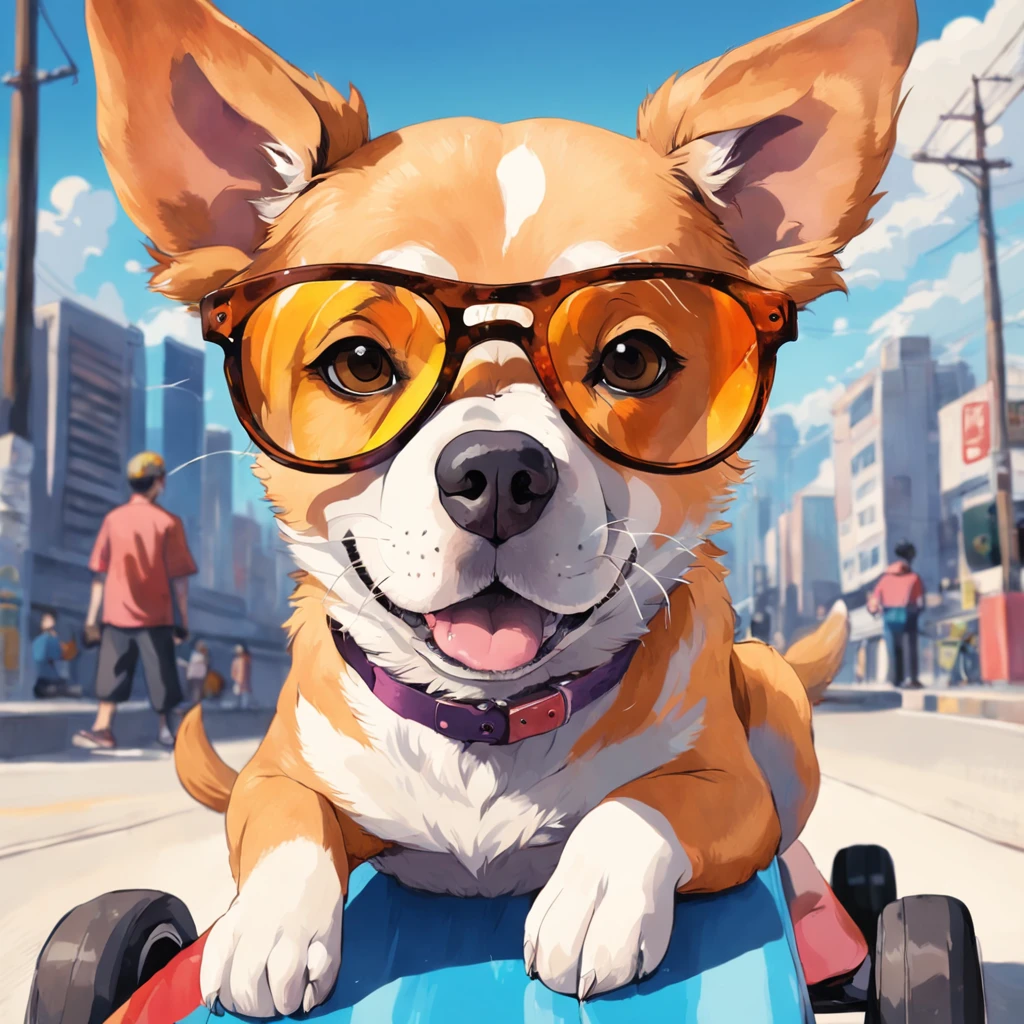Perro totalmente de color canela con gafas de sol degradadas,Skateboarding,Trae un casco, pintado en acuarelas brillantes, Dibujo de animales, Pintura de acuarela vibrante, Pintura de perro lindo, Impresionantes obras de arte, Surrealismo con colores brillantes, Plethora of colors,rico en detalles, Preciosa pintura digital, asombroso, Arte digital foto animal, Arte colorido,Arte detallado de acuarela
