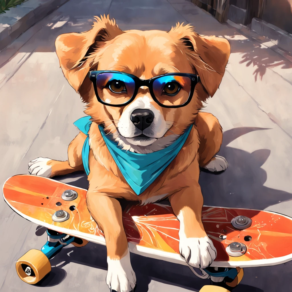 Perro totalmente de color canela con gafas de sol degradadas，Skateboarding，Trae un casco， pintado en acuarelas brillantes, Dibujo de animales, Pintura de acuarela vibrante, Pintura de perro lindo， Impresionantes obras de arte, Surrealismo con colores brillantes, Plethora of colors，rico en detalles, Preciosa pintura digital, asombroso, Arte digital foto animal, Arte colorido，Arte detallado de acuarela