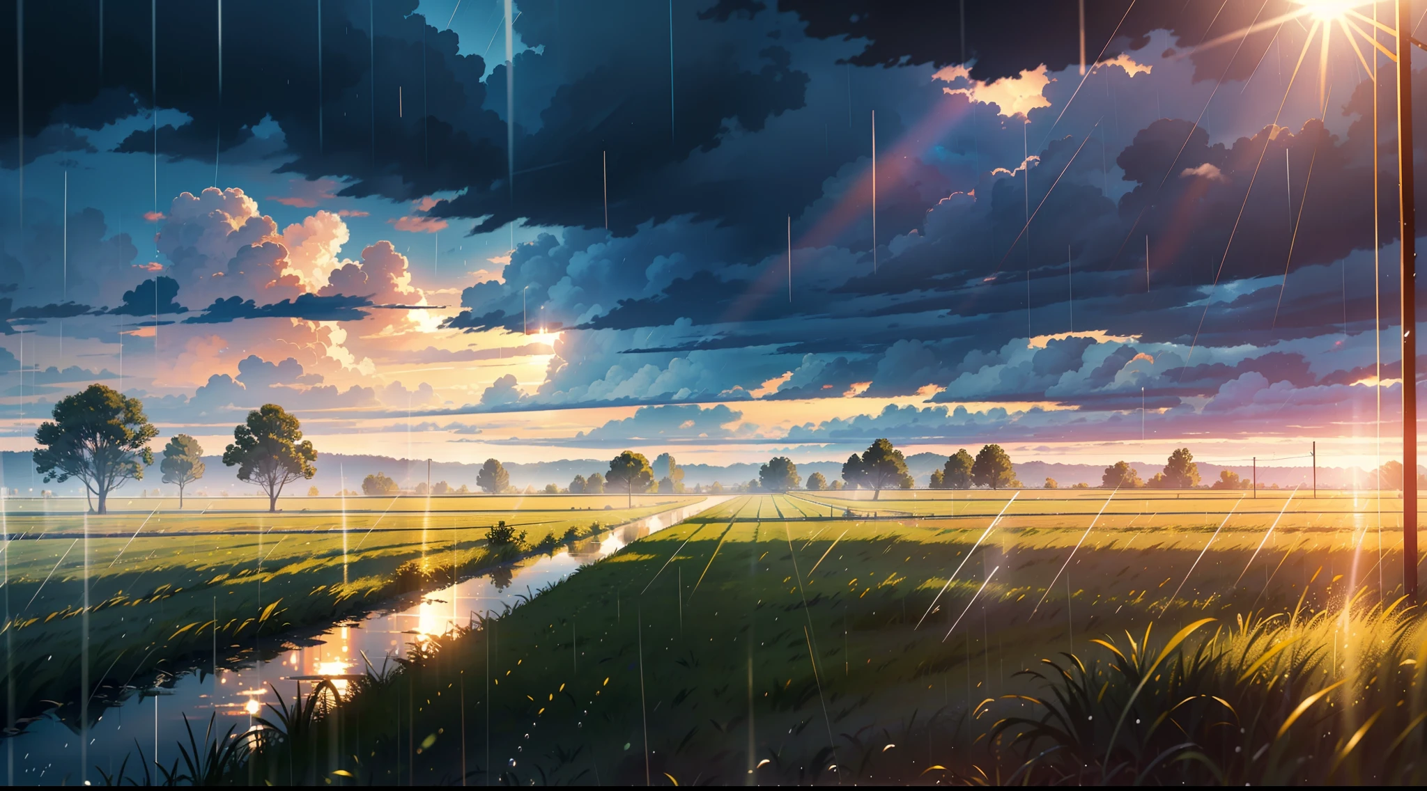 Ultra realistic, masterpiece quality, rain shower in open field ,(( sunlight reflecting through rain drops)), Cinematic, rain drops passing sunlight