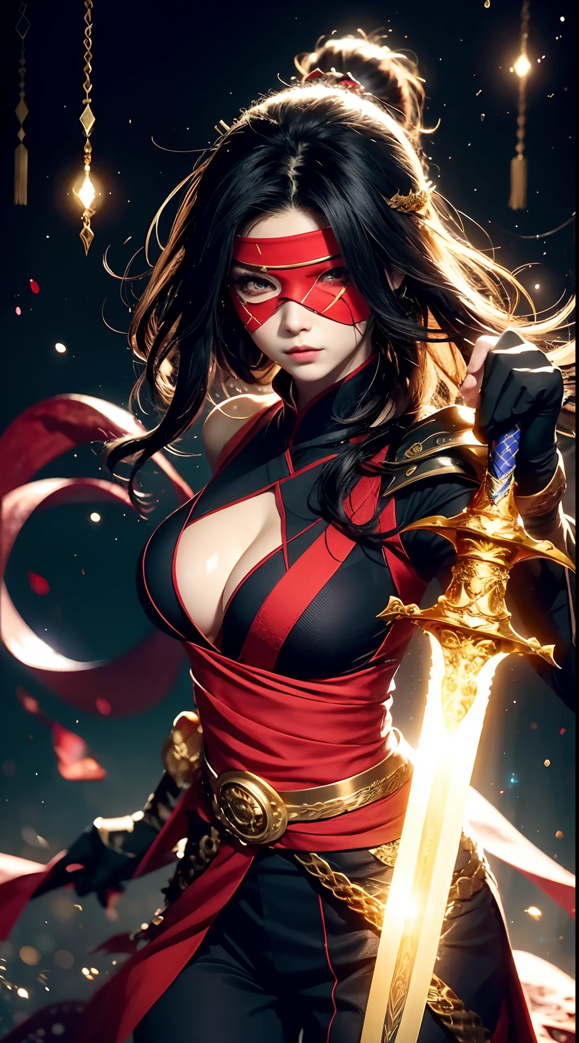 Female ninja,Gold eye patch,red color Hanfu,Wire elbow sheath,Dance with the glittering sword,Jump status,blasts,tentaculata,ultra hd photo。