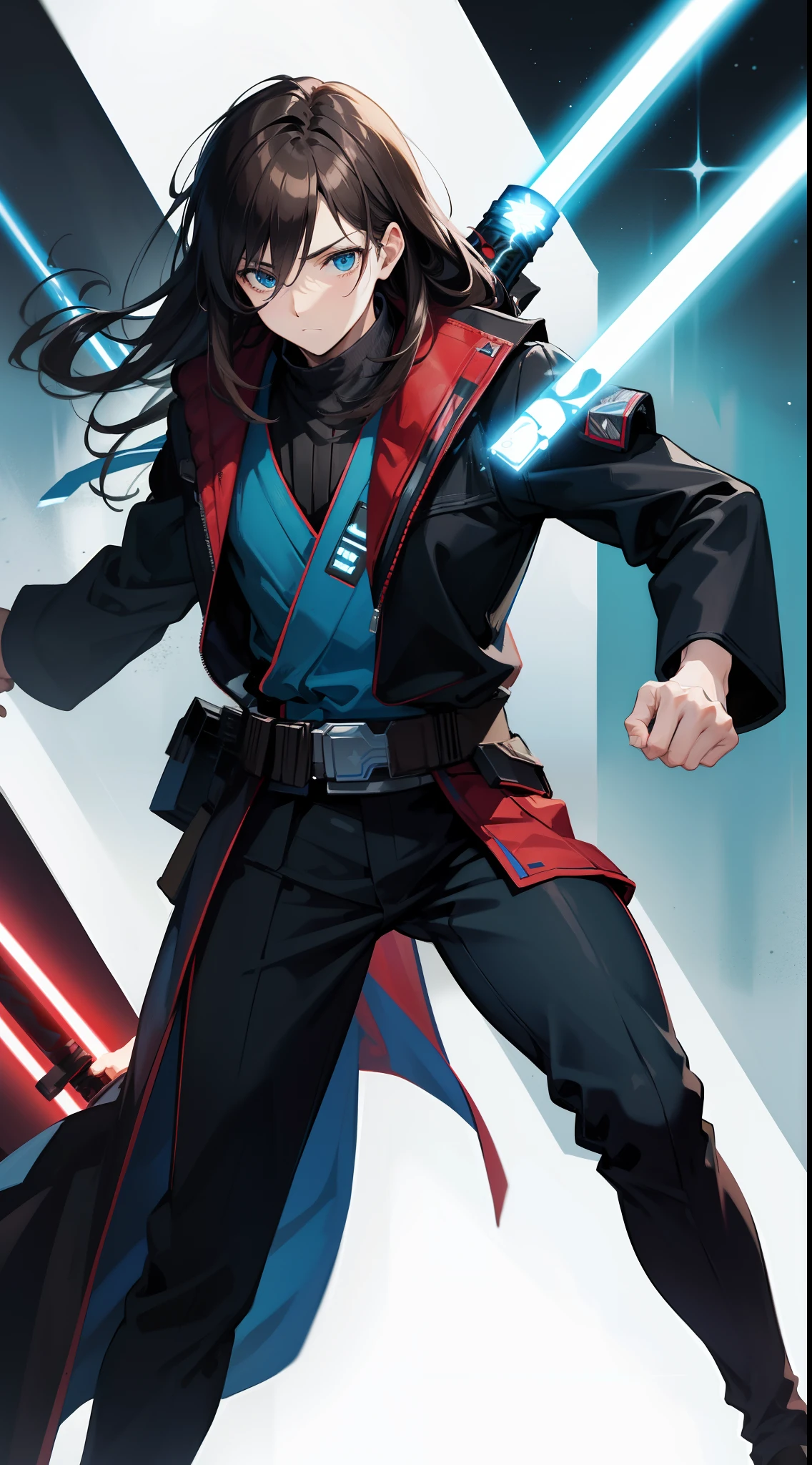 adult man, Long brown hair, Cyan eyes, Blue Rob Jedi, Lightsaber, Darth Revan, Masterpiece, hiquality