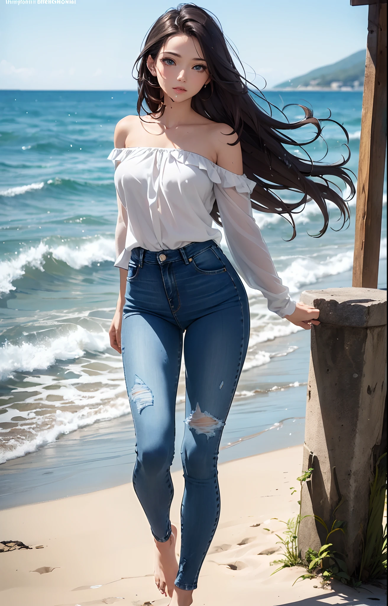 masterpiece, extremery magnificent view, perspective, extremery best quality, extremery detailed CG, 8k wallpaper, high resolution, highly detailed face, highly detailed eyes, perfect anatomy, super detailed skin,
(dynamic angle, dynamic pose:1.2), outdoors, beach, soothing waves, (portrait, legs focus, full body), (beautiful face, beautiful eyes, beautiful legs:1.3),
1 girl, solo, (white blouse, bare shoulder, blue jeans pants:1.3), (skinny jeans:1.3), large breasts, brown hair, long hair, wavy hair, open forehead, (barefoot), blue eyes, (in water), skinny, slender, wet, wide hips, thin waist