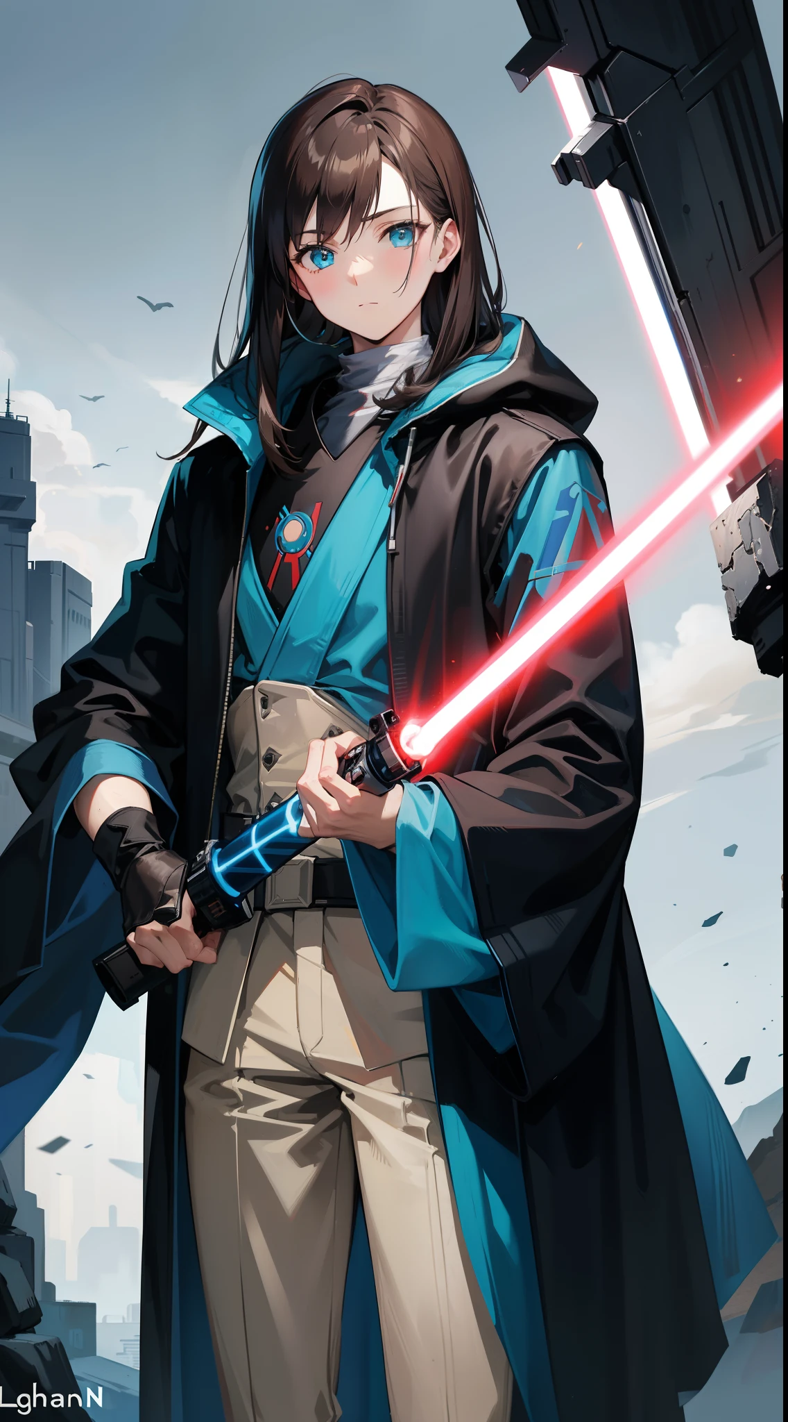 adult man, Long brown hair, Cyan eyes, Blue Rob Jedi, Lightsaber, Darth Revan, Masterpiece, hiquality