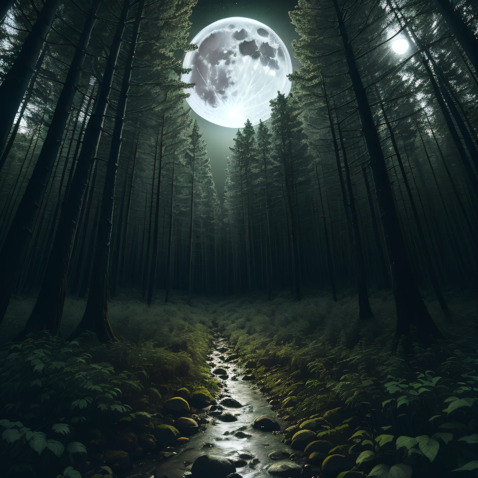 deep forest, full moon, low light