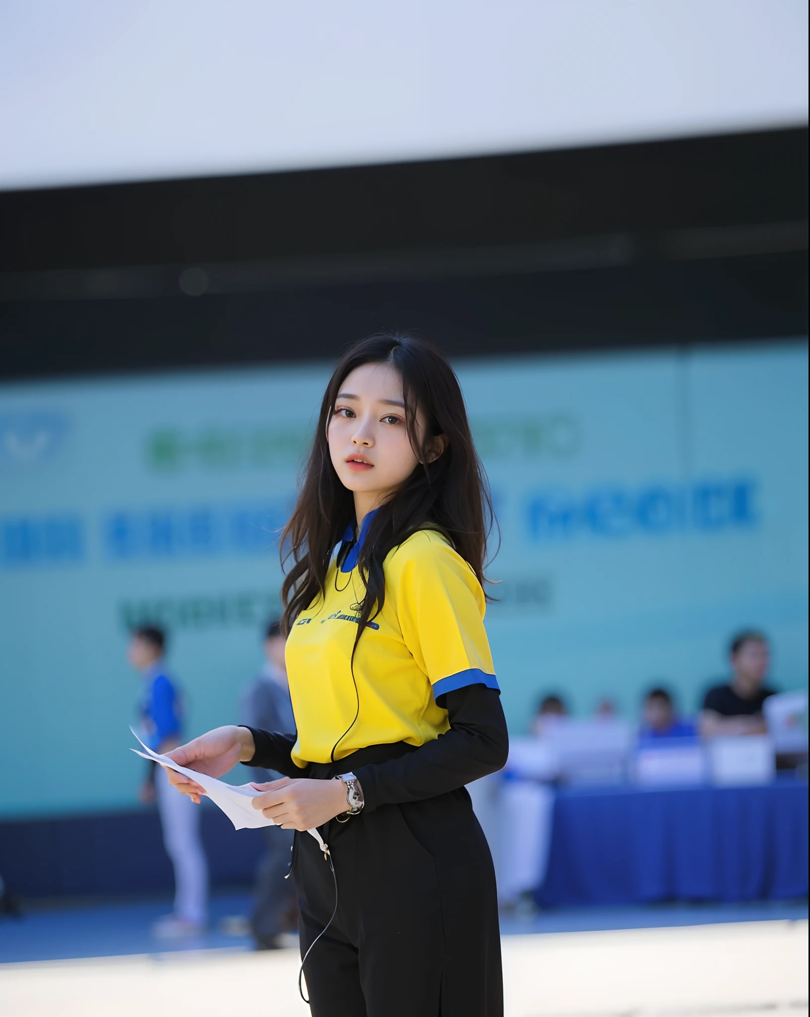 there is a woman that is standing in the street with a paper, student, nivanh chanthara, mai anh tran, photo taken in 2 0 2 0, avatar image, dang my linh, quy ho, profile picture, li zixin, profile image, ao dai, lady, clean image, xintong chen, in blue and yellow clothes