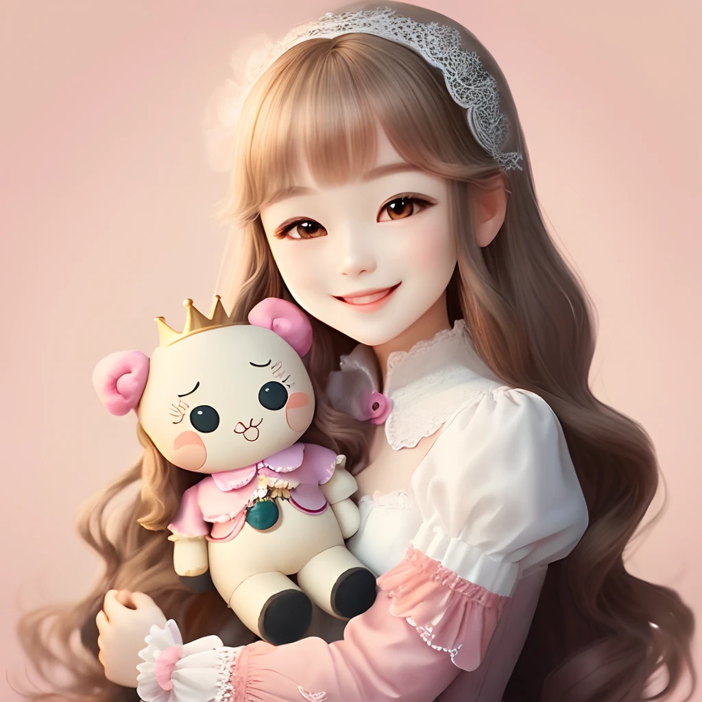 (Very beautiful and detailed design) doll cut, chib style, sweet smiling face, pink princess dress, neutral background