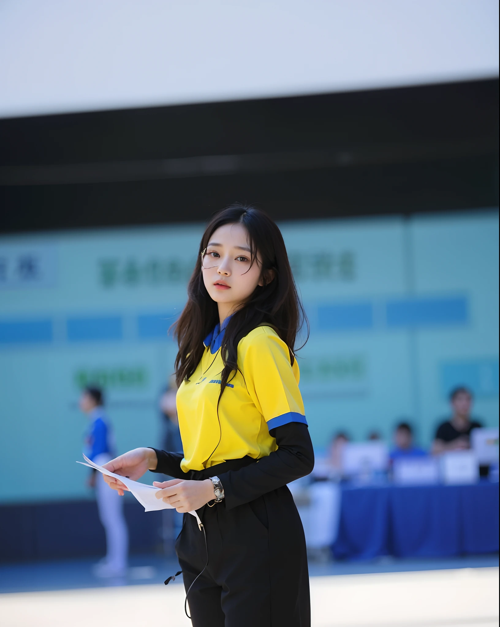there is a woman that is standing in the street with a paper, student, nivanh chanthara, mai anh tran, photo taken in 2 0 2 0, avatar image, dang my linh, quy ho, profile picture, li zixin, profile image, ao dai, lady, clean image, xintong chen, in blue and yellow clothes