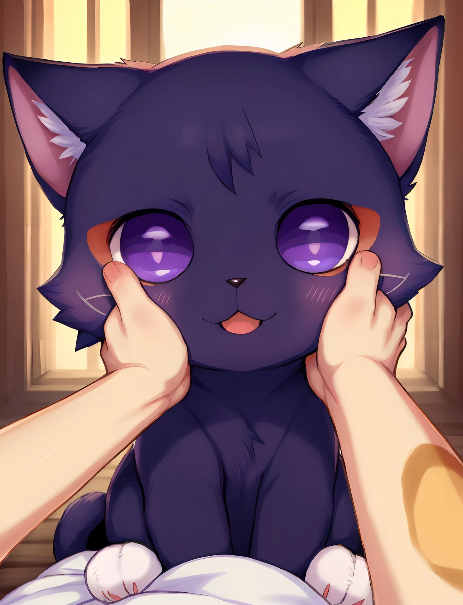 someone is holding their head to a cat with purple eyes, cute anime catgirl, pov furry art, anime cat, realistic anime cat, kawaii realistic portrait, fursona art, anime catgirl, with cute doting eyes, cute portrait, detailed fanart, commission on furaffinity, anime visual of a cute cat, cute large eyes, with glowing eyes