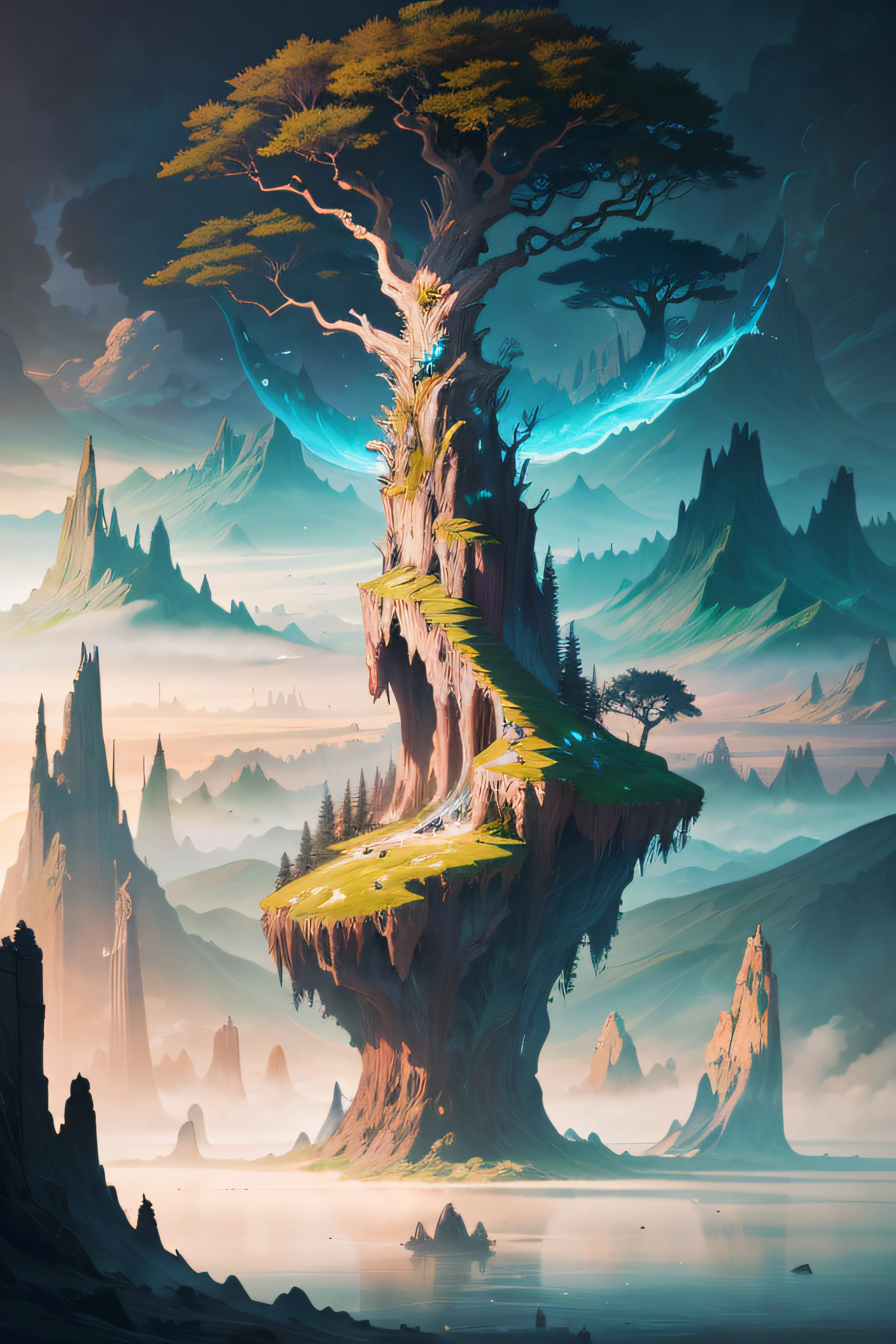 A mystical and epic landscape, featuring a fantastical and surreal world of floating islands, giant trees, and mythical creatures, that transport the viewer to a world of imagination and wonder, artstation, digital art, intricate, trending, bright colors