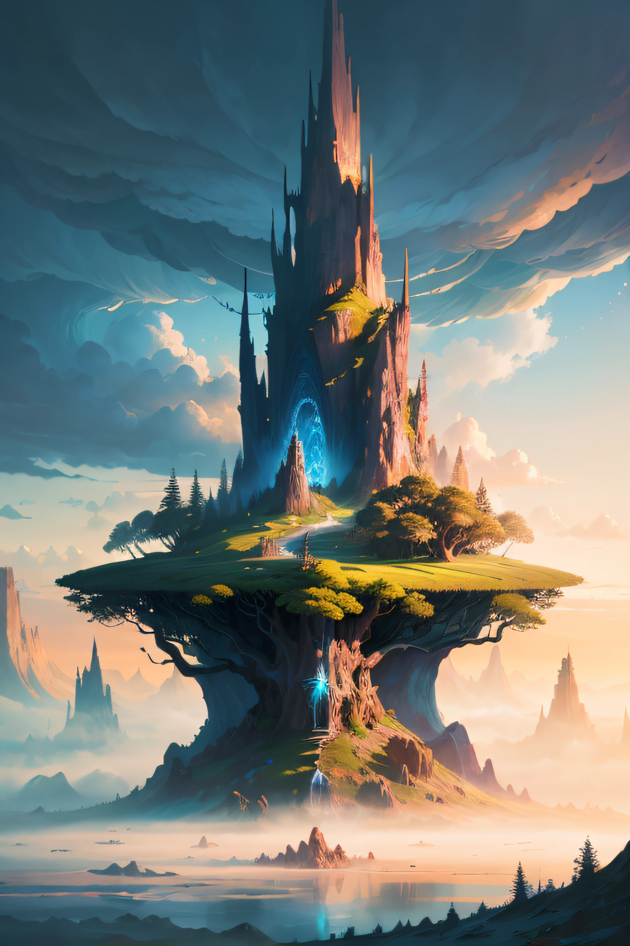 A mystical and epic landscape, featuring a fantastical and surreal world of floating islands, giant trees, and mythical creatures, that transport the viewer to a world of imagination and wonder, artstation, digital art, intricate, trending, bright colors