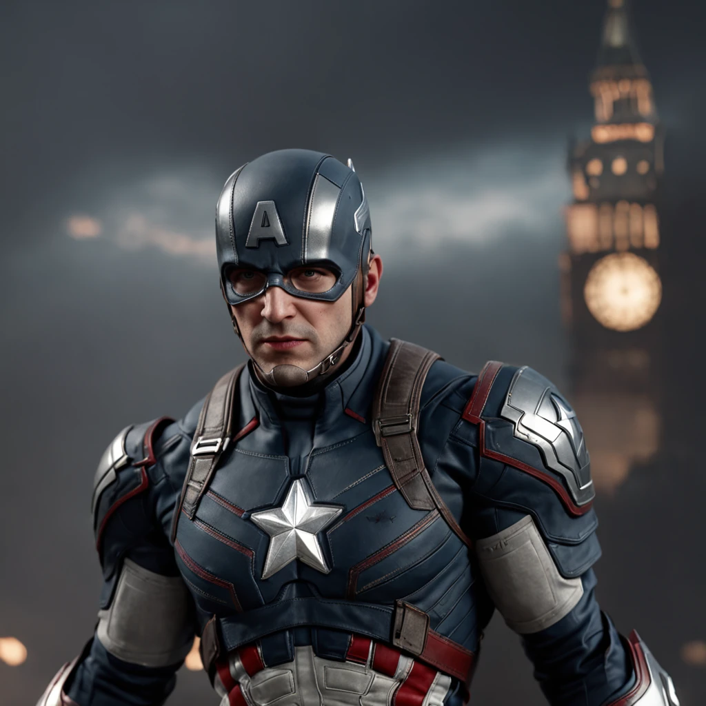 Full body photo of Captain America in black and silver armor style suit, sin mascarilla puesta, capa negra, looking at center camera, perfect composition, beautiful detailed intricate insanely detailed octane render trending on artstation, 8 k artistic photography, Arte conceptual fotorrealista, soft natural volumetric cinematic perfect light, claroscuro, rewarded photography, Obra maestra, oil on canvas, Raphael, Caravaggio, Greg Rutkowski, Beeple, Beksinski, Giger, tendencias en Artstation, foco nítido, Foto de estudio, Detalles intrincados, Altamente detallado, Noche de fondo de la ciudad, por Greg Rutkowski