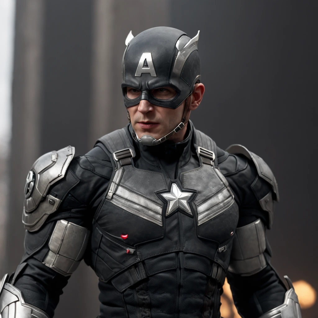 Full body photo of Captain America in black and silver armor style suit, sin mascarilla puesta, capa negra, looking at center camera, perfect composition, beautiful detailed intricate insanely detailed octane render trending on artstation, 8 k artistic photography, Arte conceptual fotorrealista, soft natural volumetric cinematic perfect light, claroscuro, rewarded photography, Obra maestra, oil on canvas, Raphael, Caravaggio, Greg Rutkowski, Beeple, Beksinski, Giger, tendencias en Artstation, foco nítido, Foto de estudio, Detalles intrincados, Altamente detallado, Noche de fondo de la ciudad, por Greg Rutkowski