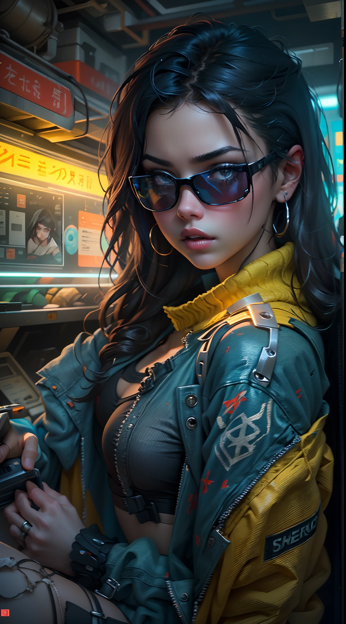 motor irreal:1.4,CG ultra realista 64K, fotorrealista:1.4, textura de la piel:1.4, obra maestra:1.4,Hermosa selena gomez con lingeries babydoll、Ropa corta estilo cyberpunk color amarillo, pantimedias red , mini skirt blue,