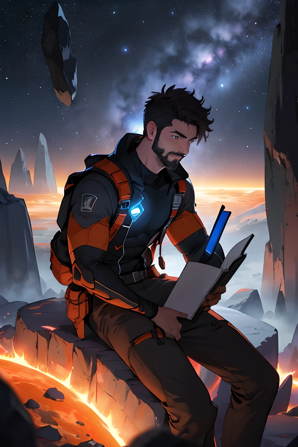 Draw a young programmer, sitting on a research platform floating in the middle of an asteroid belt. He is studying with a notebook, surrounded by several asteroids glowing with fiery auras. Dramatic lighting from distant stars and planets illuminates the scene, casting deep shadows on the suit. The young man looks confident and determined, looking at the vast and mysterious universe with wonder and respect,facial hair, cowboy shot,