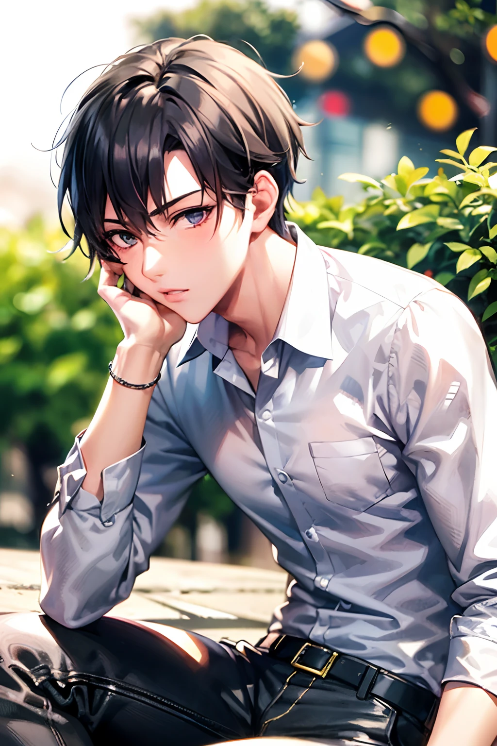 Boy with black hair sitting on bench, Handsome Anime Pose, anime handsome guy, Smooth Anime CG Art, Anime portrait of a handsome man, young anime man, realistic anime art style, photorealistic anime, Male anime style, Anime Boy, By Shinkai Makoto. a digital rendering, artwork in the style of guweiz, Beautiful Anime Portrait
