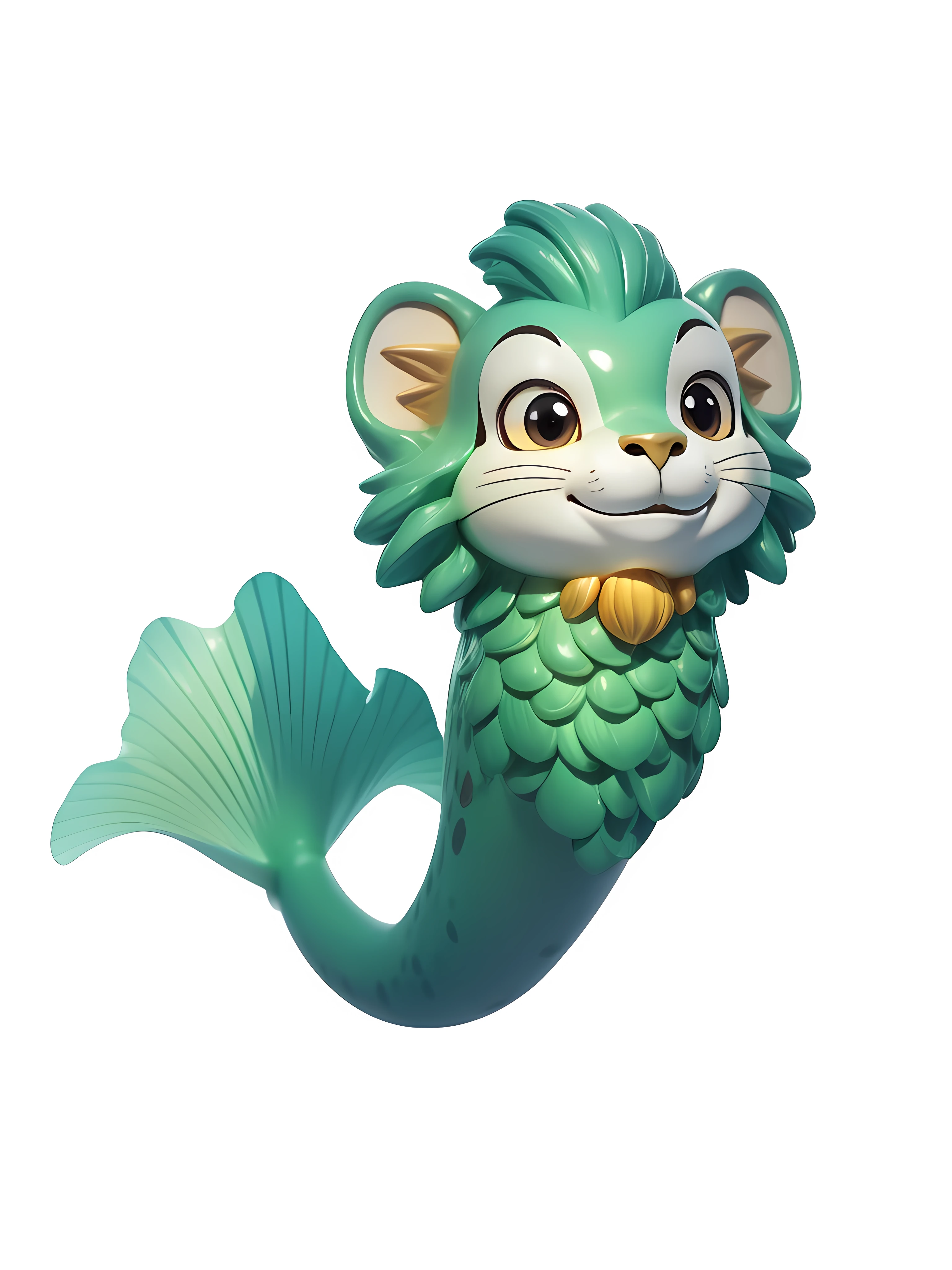 Fish with a lion's head, with a smile, fish long, thin, cute head, white background,