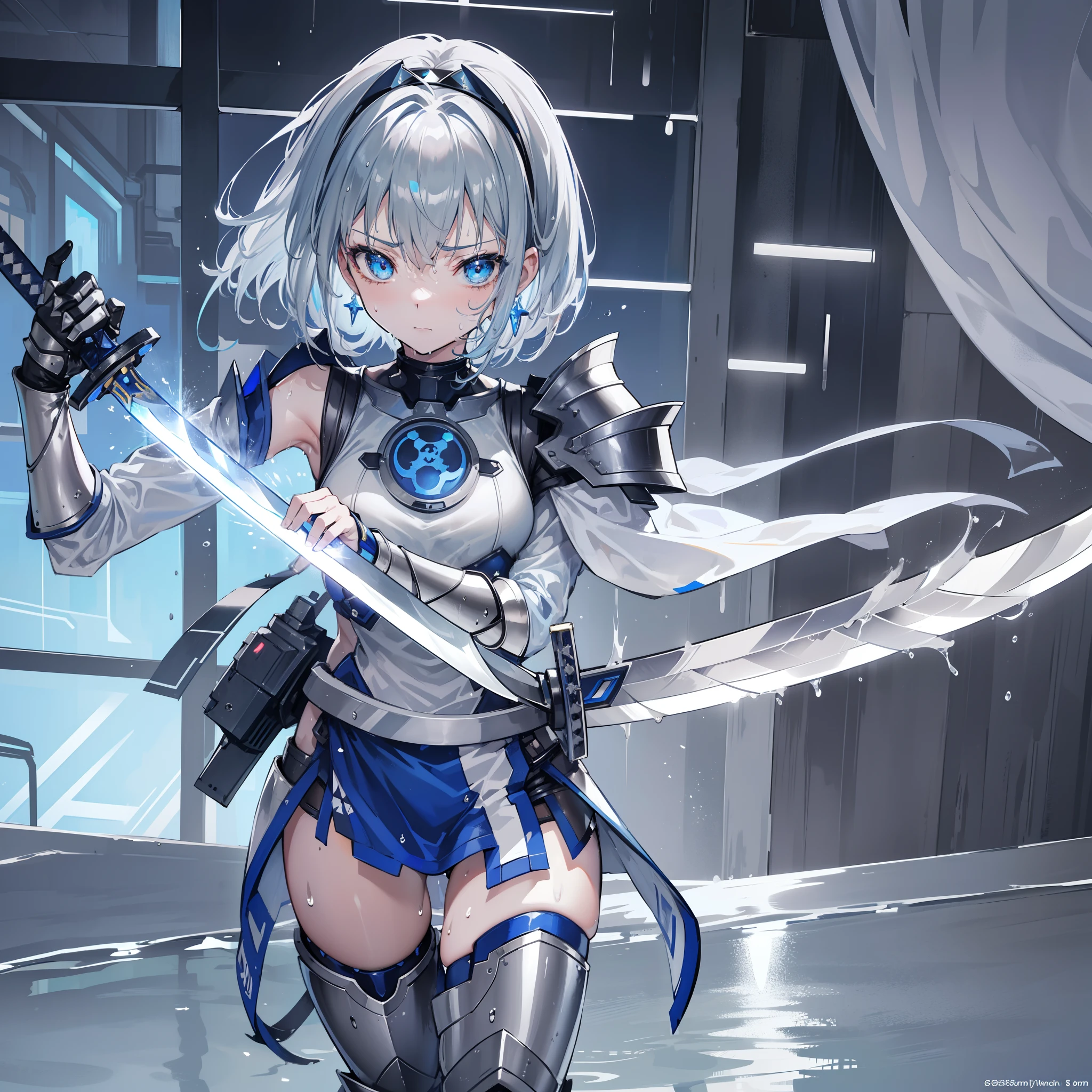 Teenage Girls in Anime, (((Blue and gray metal armor))), Blue Hand and Thigh Accessories, short dark blue gray hair, Hair Accessories, grey  eyes, Silver earrings, Nose, curious, Healthy skin, Very dirty, Neck, shoulders, Small chest, missiles, ((((Practice holding your sword)))), thin waist, Legs, medium thigh, Has black robot legs, Cute, Bright colors of shirts, で ((Dojo of the future)), Light shining in the sky, Stand next to the wall, Cinematic Light, High resolution, Highest Quality, ultra-detailliert, Detailed face, (Detailed eyes), Best Quality, Hyper Detailed, masutepiece, (Detailed face), Clean face, Show feet, Short hair, (((Very wet and sweaty: 1.5)))