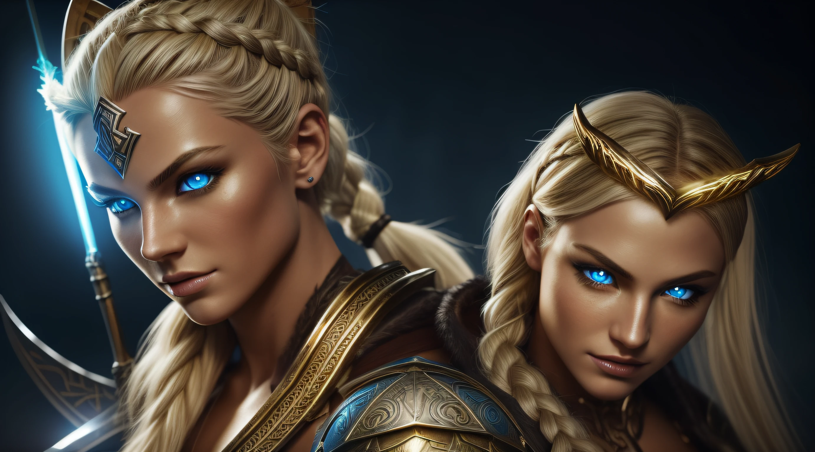 warrior with wolf companion ,Glow, seductive, glowing blue eyes, fire, platinum blonde, (blonde:1.1), sexy, small chest, small breasts, highly detailed eyes, (ultra photorealistic:1.3), ((realistic)), ultra detailed, ((real image)), ((realistic skin)), ((realistic face)), (beautiful:1.05), (beautiful detailed eyes:1.50), (cinematic light:1.1), turquoise blue detaches, model pose, evil, divine, (glow:1.60), fire, Elemental, 1 braided ponytail, full body pose, (detailed glowing golden skimpy viking armor), realistic long Viking spear in hand, evil smirk, braided ponytail, glowing eyes, (illustration:1.05),wolf pack ,