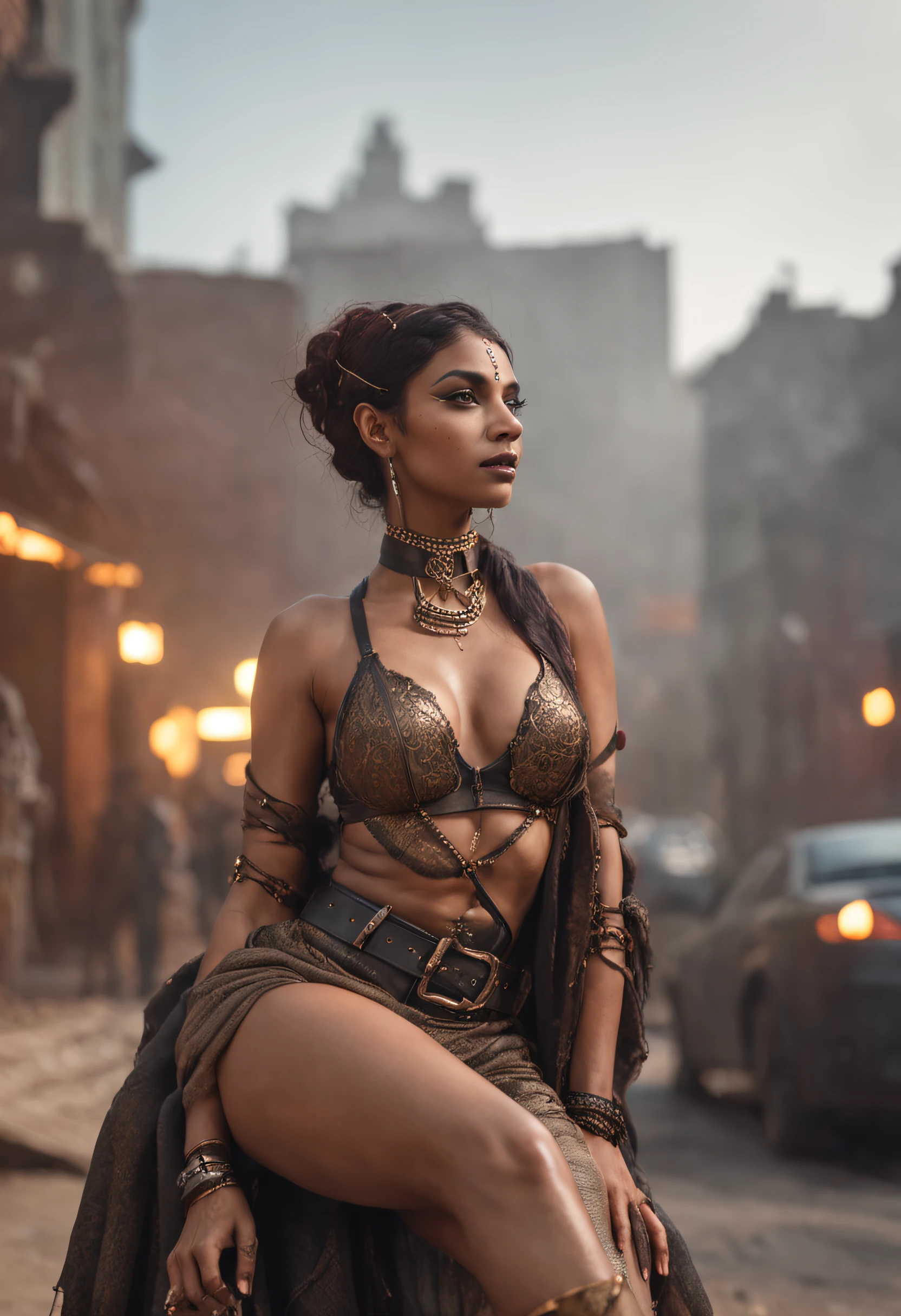 There's a sexzy indian 1woman with a steam-powered dusky skin, with big boobs,Royal look, arte conceitual street punk, sexzy full body view top to bottom, seated on queen chair, low angle , slim body, breathtaking beauty, vibrant, comprehensive cinematic, 8k, cinematic lighting, best quality, 4k,full body view,fog background ,arte street punk digital, arte street punk urban city area, Wojtek FUS, arte digital steampunk, detailed wild steampunk illustration, Portrait of a gold and copper chained woman, arte street punk, estilo de arte dieselpunk, cyberpunk street punk, estilo de fantasia street punk, Arte digital altamente detalhada em 4k, sci-fi street punk,clear relastic eyes