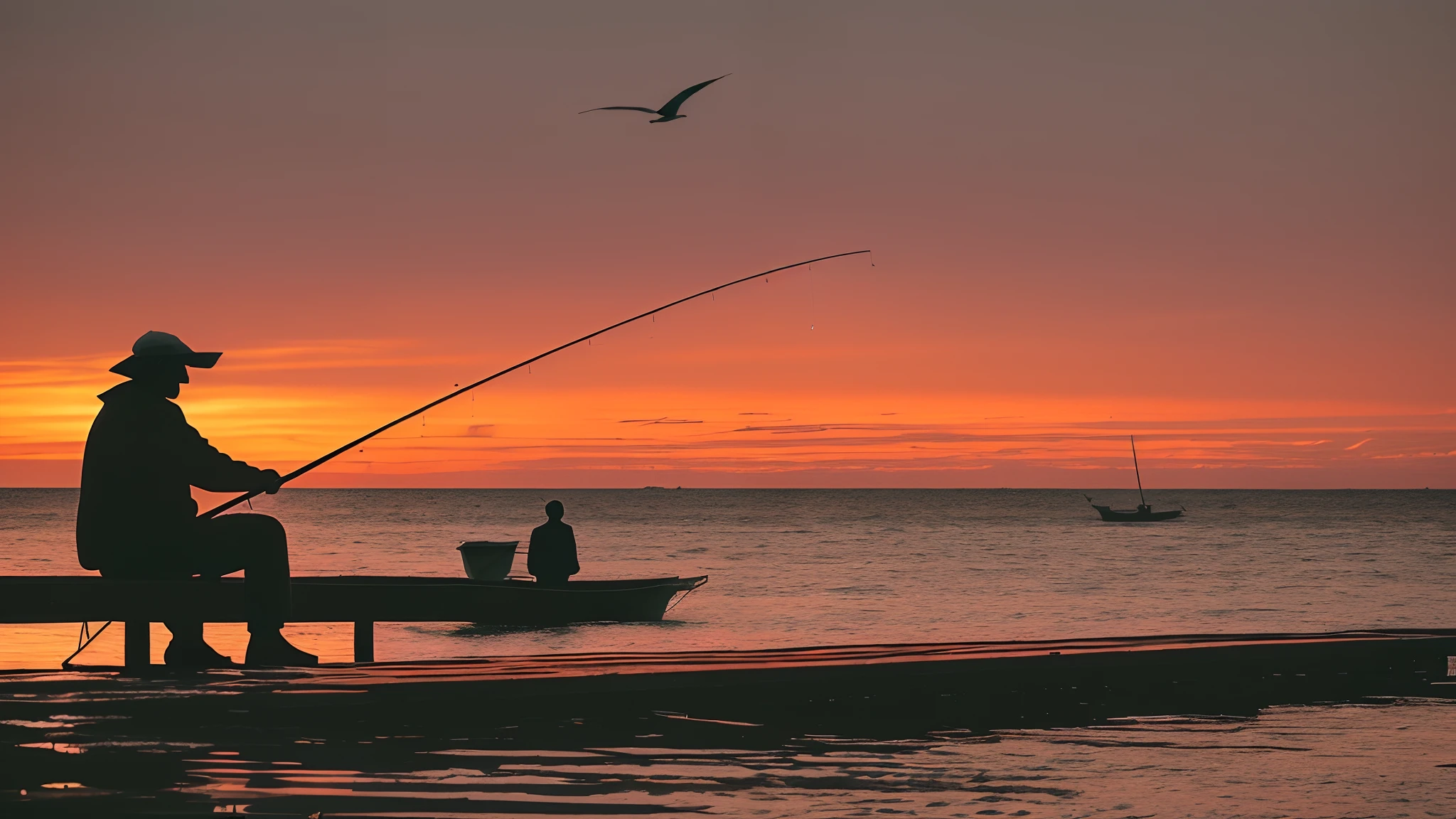 In the orange-tinged horizon of the evening, the calm ocean waters mirror the sky in shades of orange and pink. An aged wooden dock stretches out over the waters, its planks weathered by time and tide. At the end of the dock, a small fisherman's cabin stands on stilts. Soft lights shine from the windows, casting golden reflections on the water's surface. A solitary fisherman holds a fishing rod, lost in contemplation as he waits for a fish to bite. Seagulls glide overhead, their dark silhouettes contrasting against the fiery sky. A piece reminiscent of Edward Hopper, capturing the melancholic tranquility of the scene --auto --s2