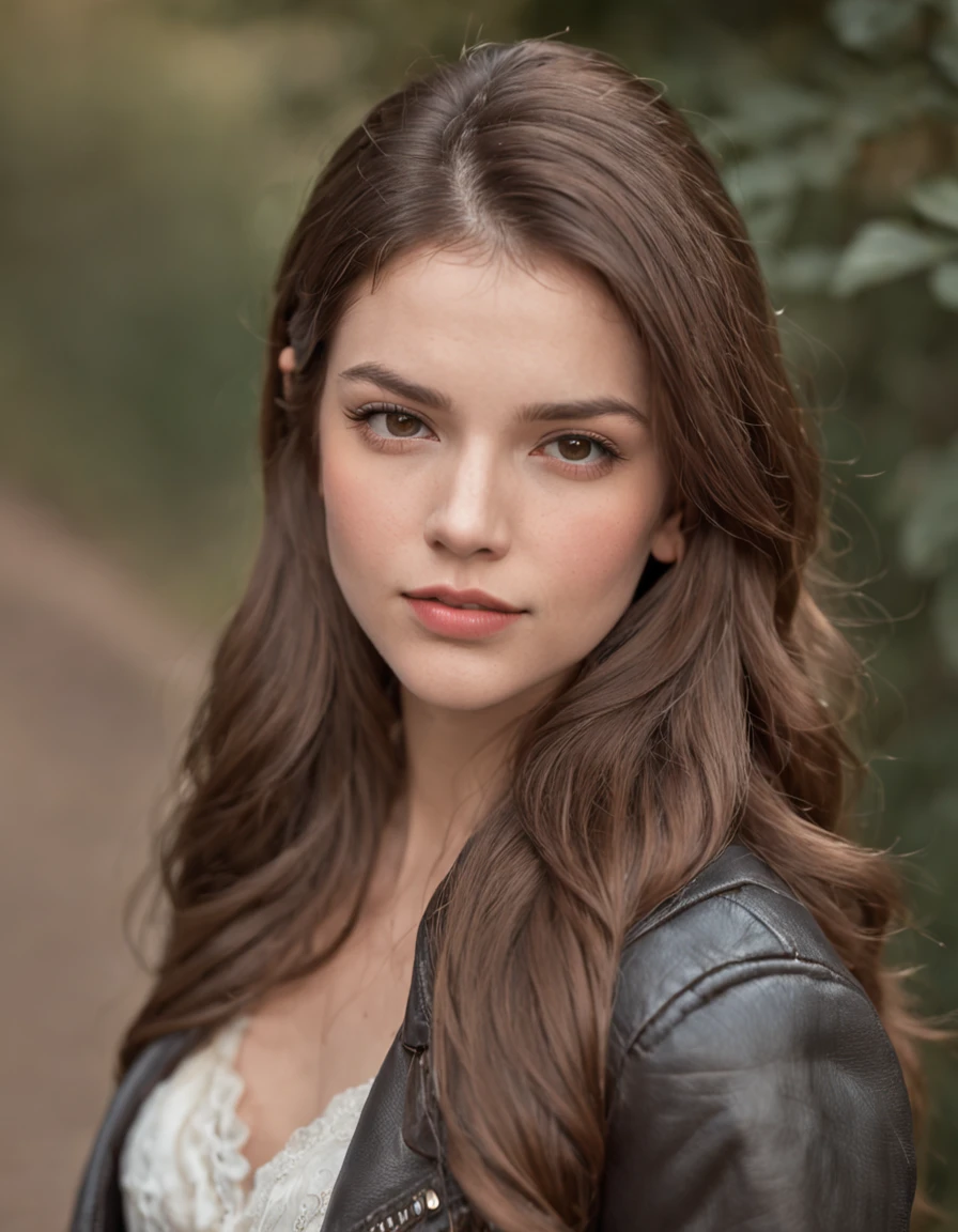 Editorial Photography. 1980s style. Beautiful girl with long brown hair. , smirk, Brown leather jacket, Jeans, Medium Term., The air is shady......,. Calm and quiet., road, Detailed skin. 35 mm........,(nikon d850), realistic skin texture , Special face details