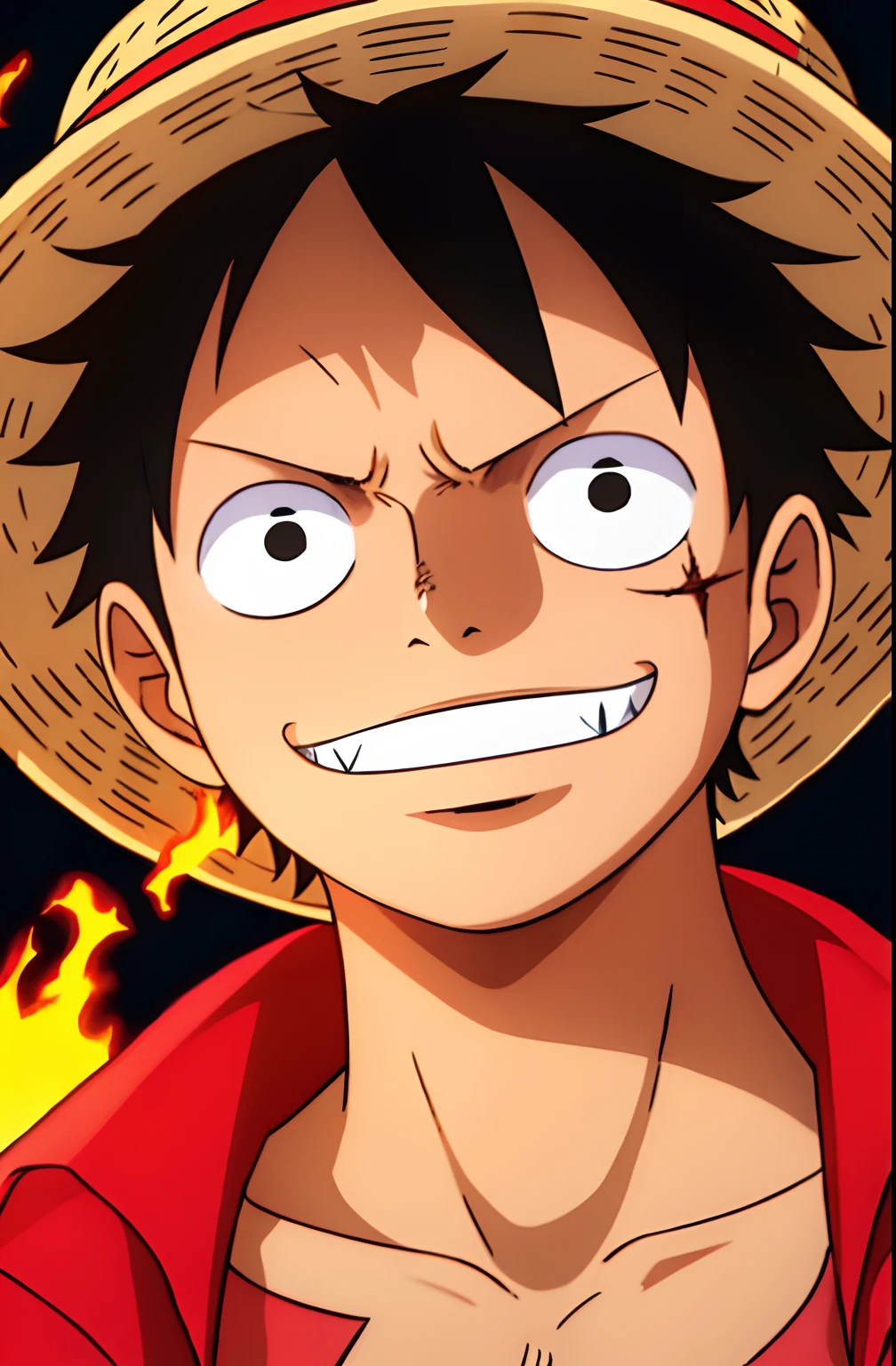 1boy, wanostyle, monkey d luffy, smiling, straw hat, looking at viewer, solo, upper body, ((masterpiece)), (best quality), (extremely detailed), depth of field, sketch, dark intense shadows, sharp focus, soft lighting, hdr, colorful, good composition, fire all around, spectacular, closed shirt, anime screencap, scar under eye, ready to fight, black eyes