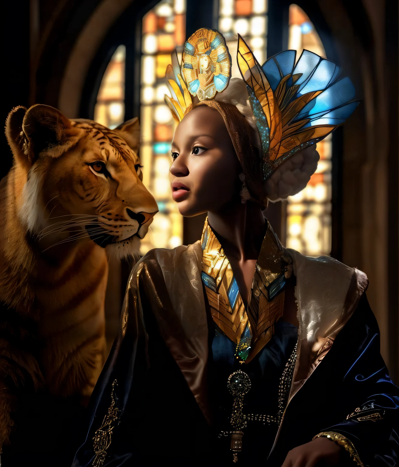 Araffe e um tigre em uma igreja com uma mulher em um vestido azul, Princesa africana deslumbrante, Rainha africana, Princesa Africana, Princesa negra africana, Rainha da Selva, inspirado em Charles Le Brun, Directed by: Derek Zabrocki, inspirado em Thomas Blackshear, ((uma bela imperatriz fantasia)), Rainha e governante do universo, rainha bonita