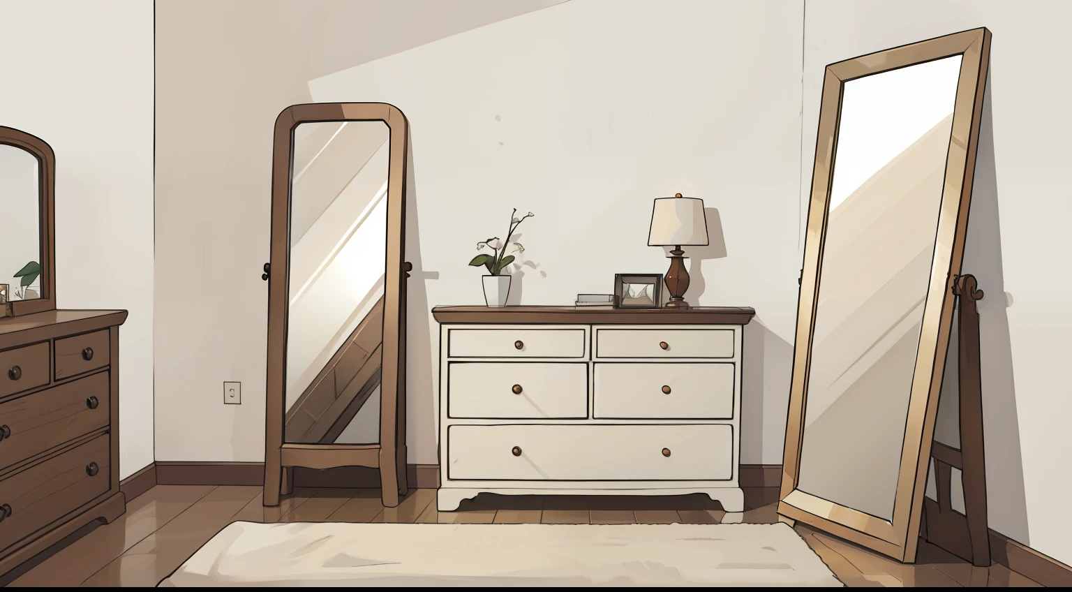 a dresser and a mirror , mesa, em uma sala branca com uma parede branca e piso branco ,