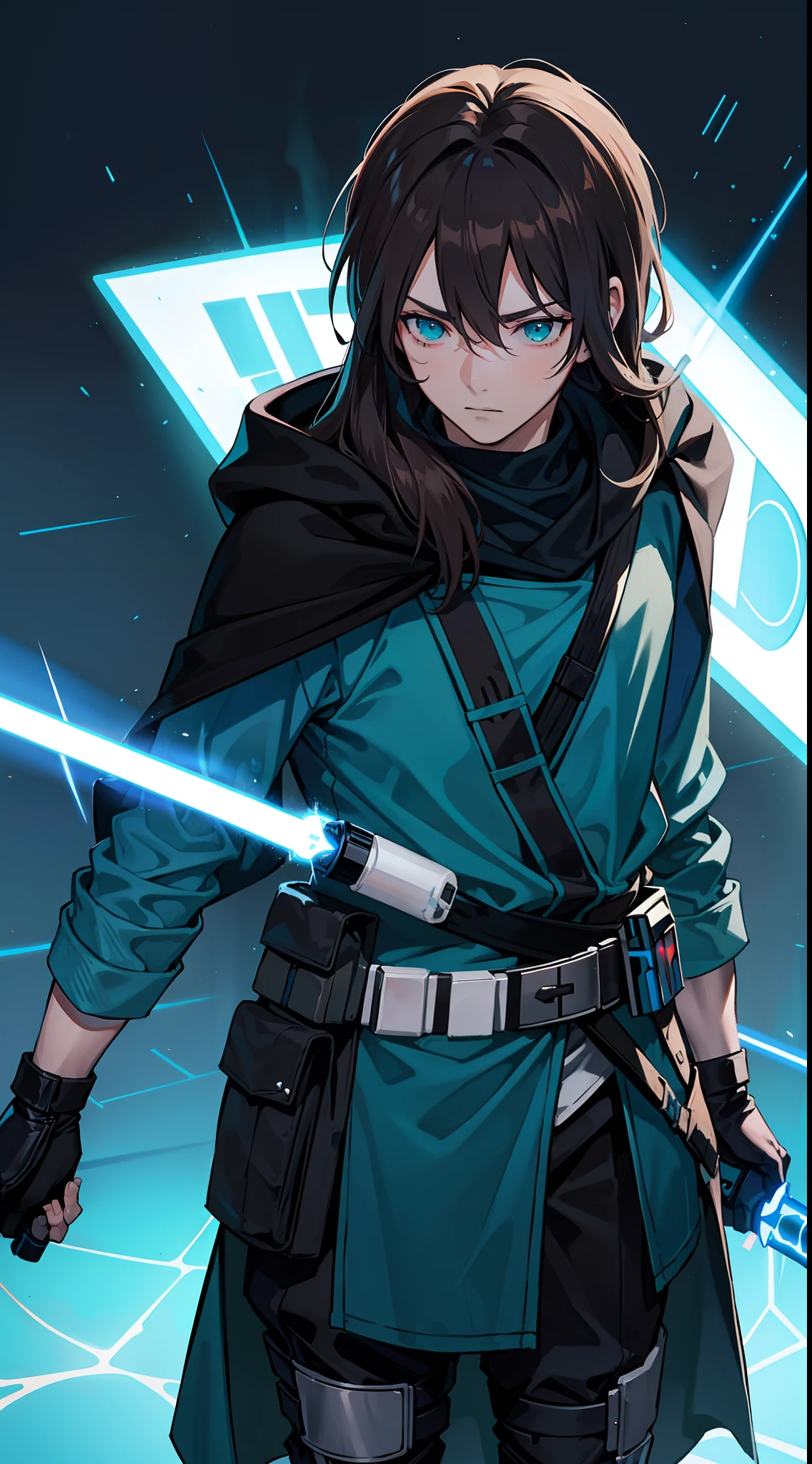 adult man, Long brown hair, Cyan eyes, Blue Rob Jedi, Lightsaber, Darth Revan, Masterpiece, hiquality