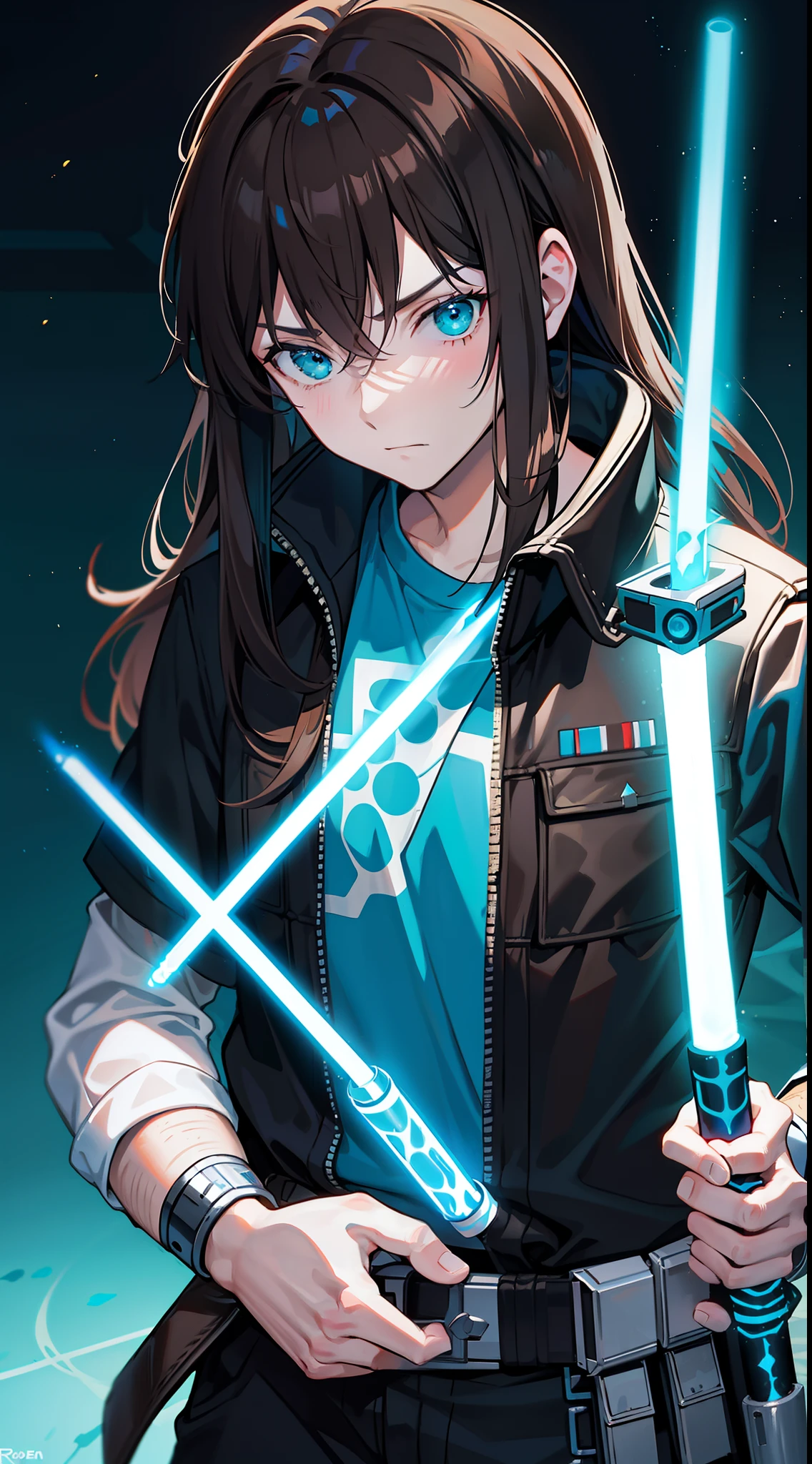 adult man, Long brown hair, Cyan eyes, Blue Rob Jedi, Lightsaber, Darth Revan, Masterpiece, hiquality