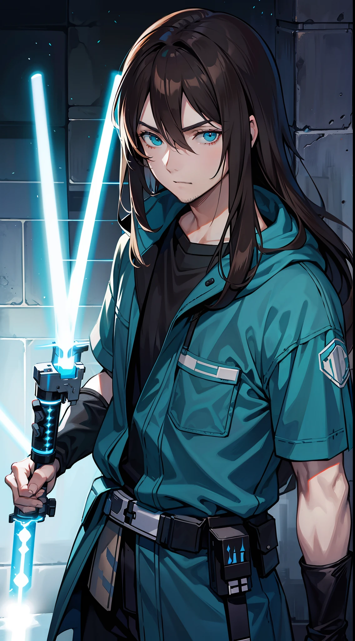adult man, Long brown hair, Cyan eyes, Blue Rob Jedi, Lightsaber, Darth Revan, Masterpiece, hiquality