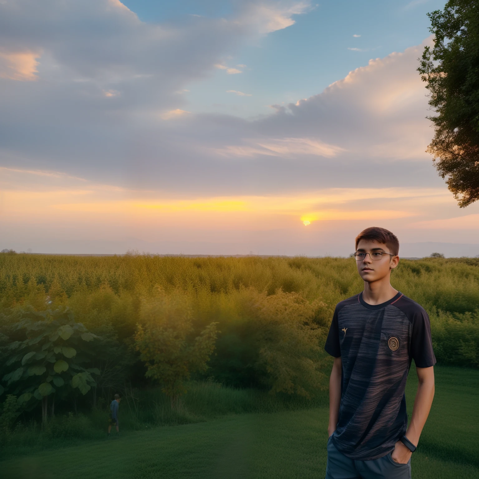 A 20 year boy. No t shirt. Six pack body. His Hand on pocket. Background sunset, tree, nuture. Cinematic