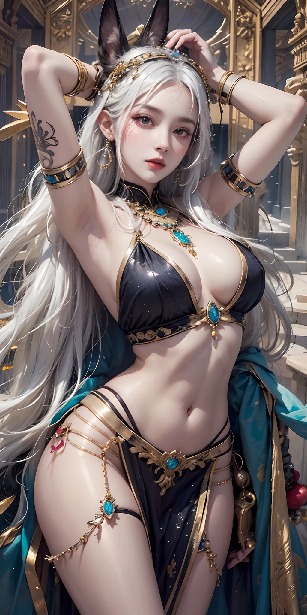 photorealistic, high resolution, soft light,1women, solo, hips up, shining skin, (detailed face), A woman wearing an idol of the god Anubis on her head, jewelry, tattoo, white hair