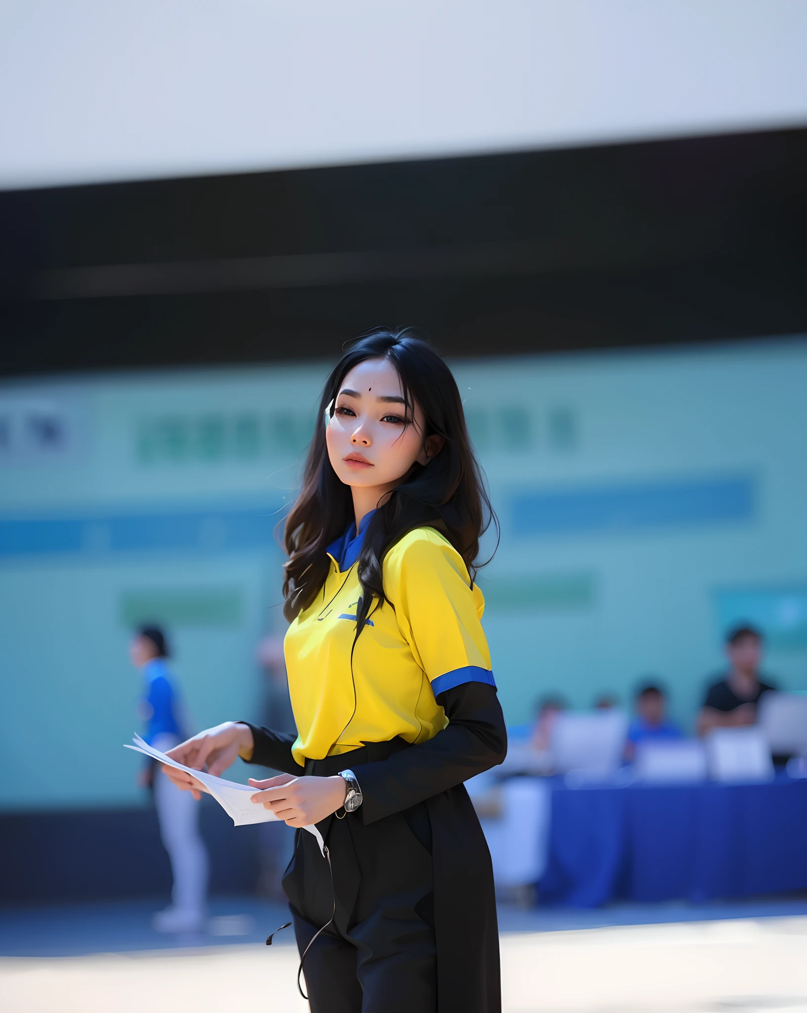 there is a woman that is standing in the street with a paper, student, nivanh chanthara, mai anh tran, photo taken in 2 0 2 0, avatar image, dang my linh, quy ho, profile picture, li zixin, profile image, ao dai, lady, clean image, xintong chen, in blue and yellow clothes