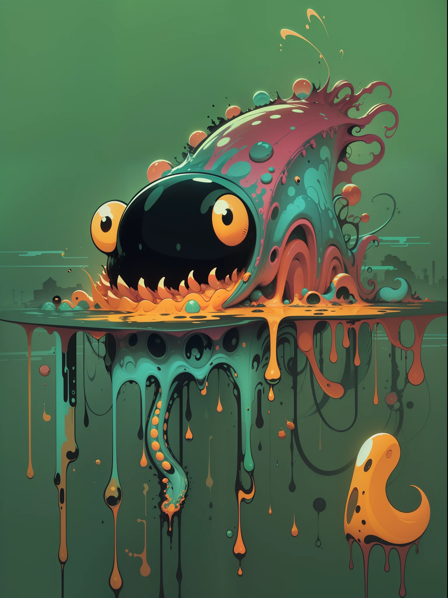 analogue photography of an abysmal slimy droopy anamorphic jelly creature crawling from the abyss in an off-broadway production, grungy poster, 35mm film photography, filmgrain, rule of thirds, retro minimalism, neon streets, slightly horroresqueA hip colorful pepper design with a futuristic feel, in the style of colorful vector, isolated on a black background, detailed character illustrations, high - contrast shading, Ultra HD, nihilcore, colorful cartoon, illustration --upbetaowl, caricature, cartoonish illustration, long exposure, masterpiece, focus, colorful dynamic background, detailed, rich colors, --s 750