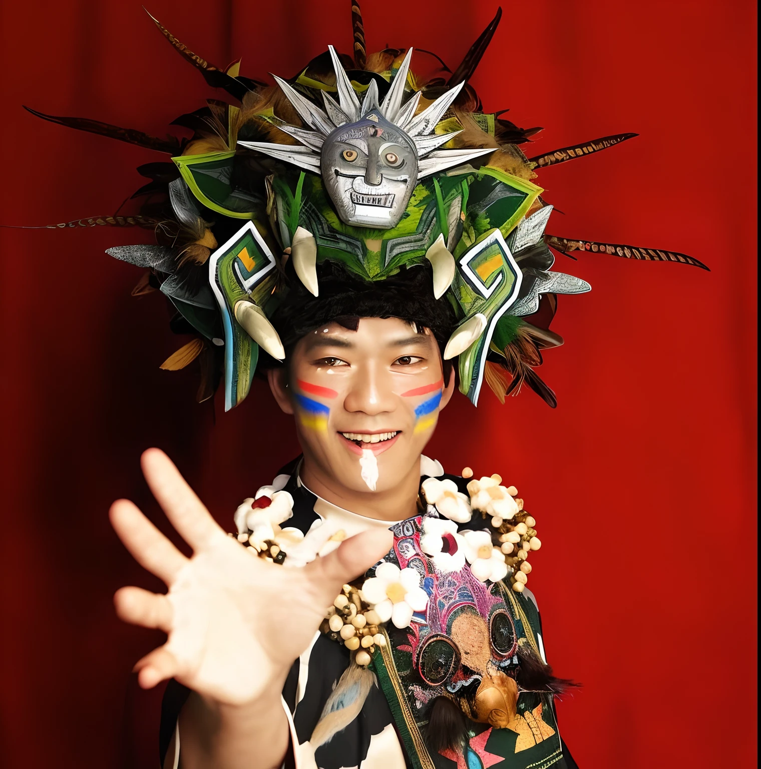 there is a man with a colorful hat and a hand up, inspired by I Ketut Soki, portrait of a robot shaman, aztec god, aztec warrior with jaguar mask, shpongle, gojo satoru, keisuke goto, portrait shot, ayahuasca shaman, portrait of quetzalcoatl, inspired by Oka Yasutomo