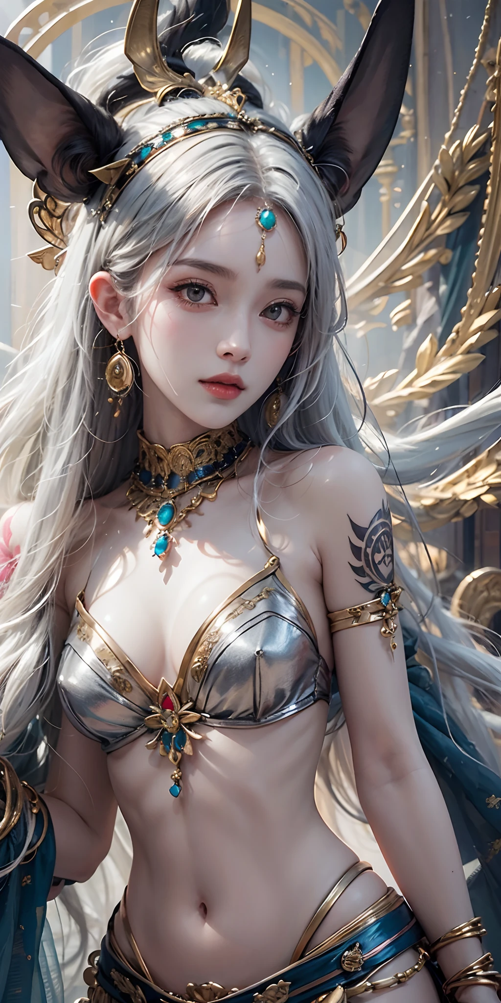 photorealistic, high resolution, soft light,1women, solo, hips up, shining skin, (detailed face), A woman wearing an idol of the god Anubis on her head, jewelry, tattoo, white hair