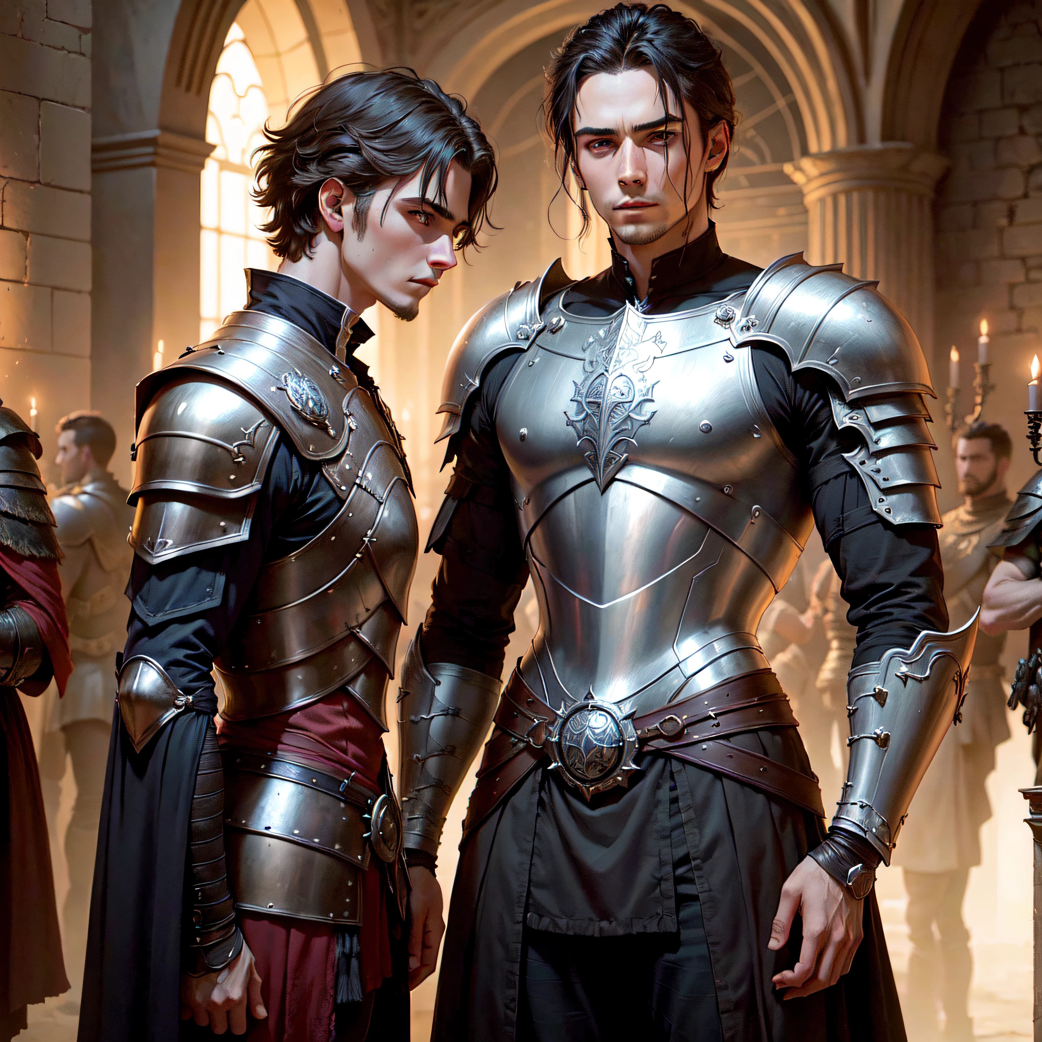 a close-up portrait of a young man in thin armor, standing in front of a group of men in a dark ancient palace, dribble, antipodeans, industrial light and magic style, movie still, pre-raphaelite, hyper-detailed, cinematic, intricate