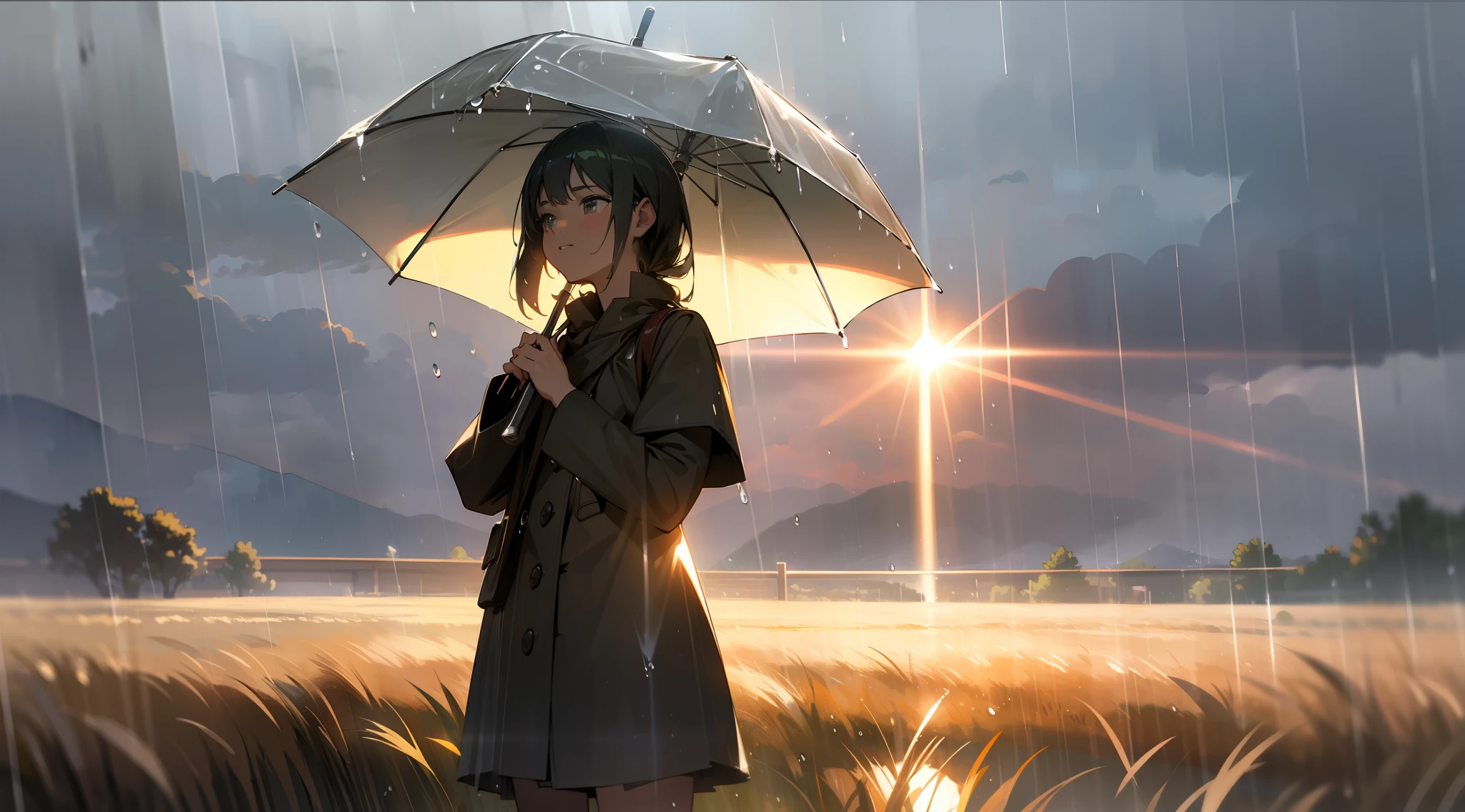 Ultra realistic, masterpiece quality, rain shower in open field ,(( sunlight reflecting through rain drops)), Cinematic, rain drops passing sunlight