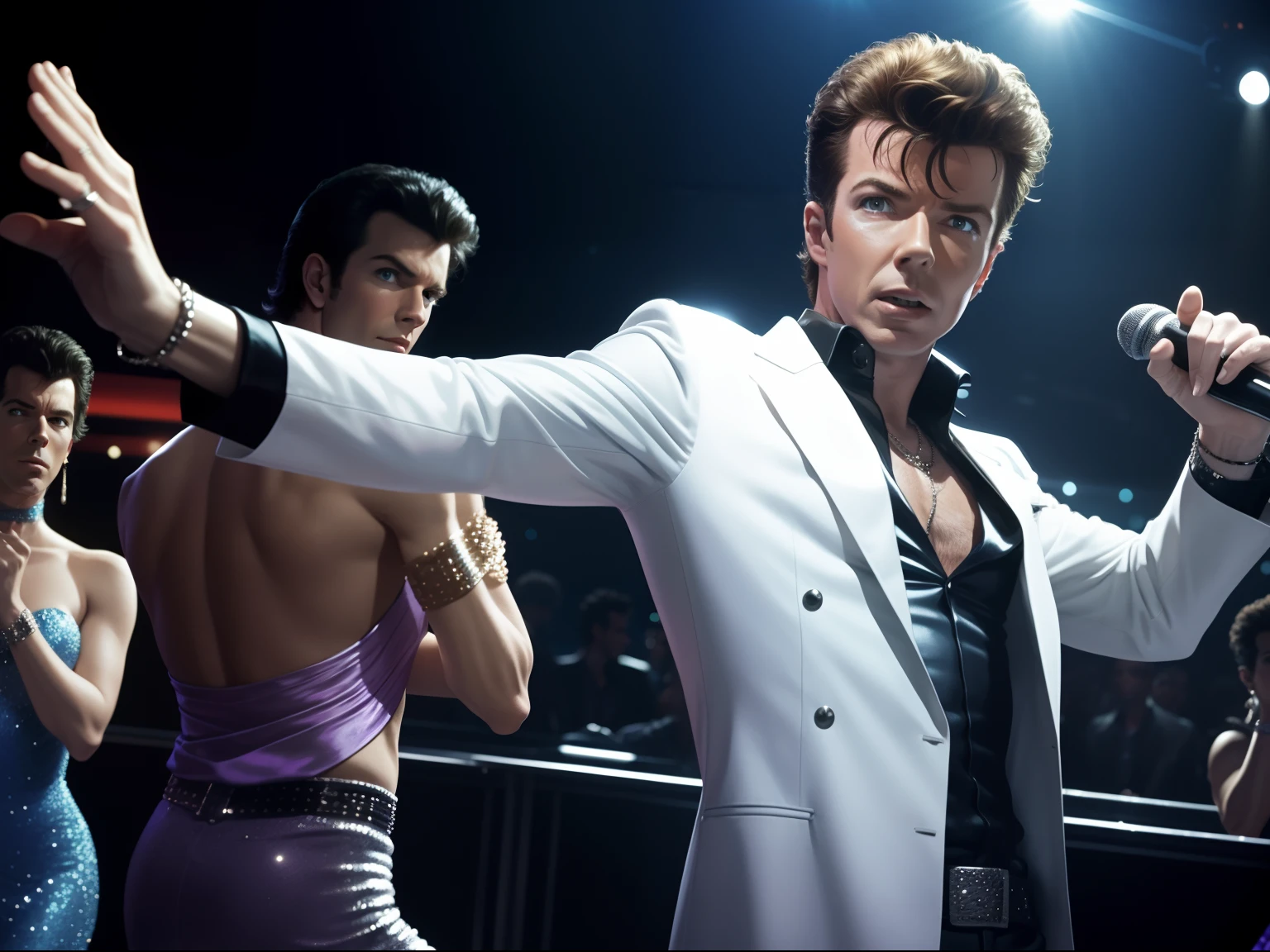 happy rick astley dressed as tony manero, on discoteque, making tony manero pose, photorealistic