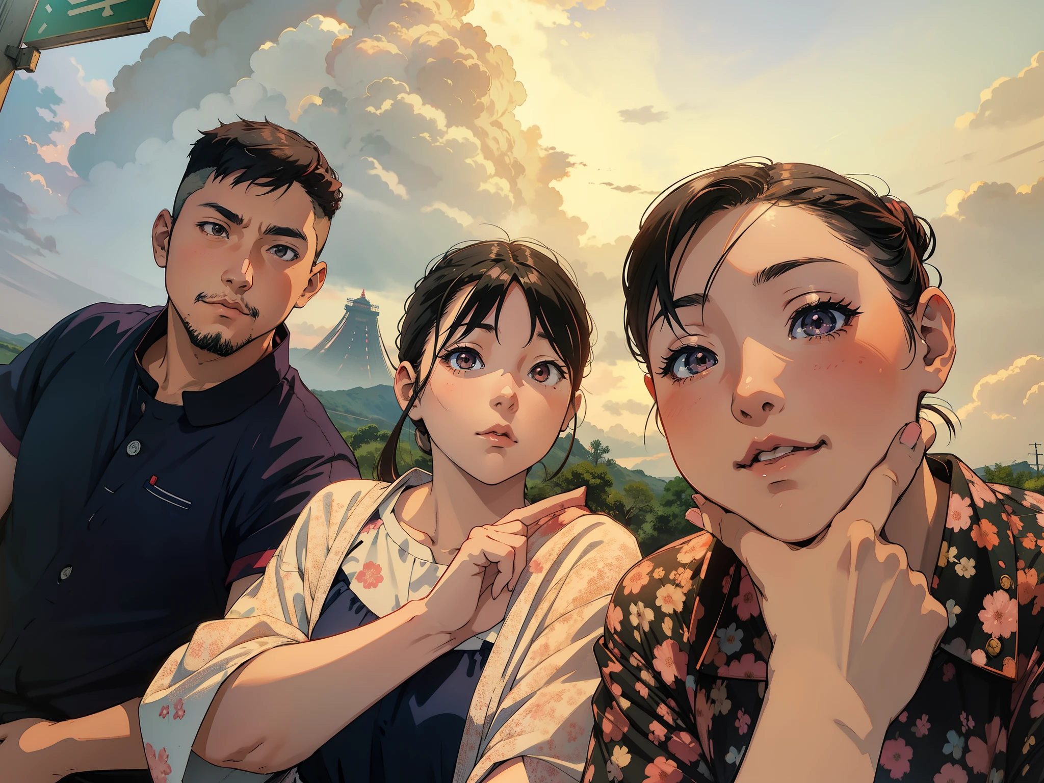 Anime style design of girl look foword Sakuras with fuji mound in background and clouds in sky with sunset colors