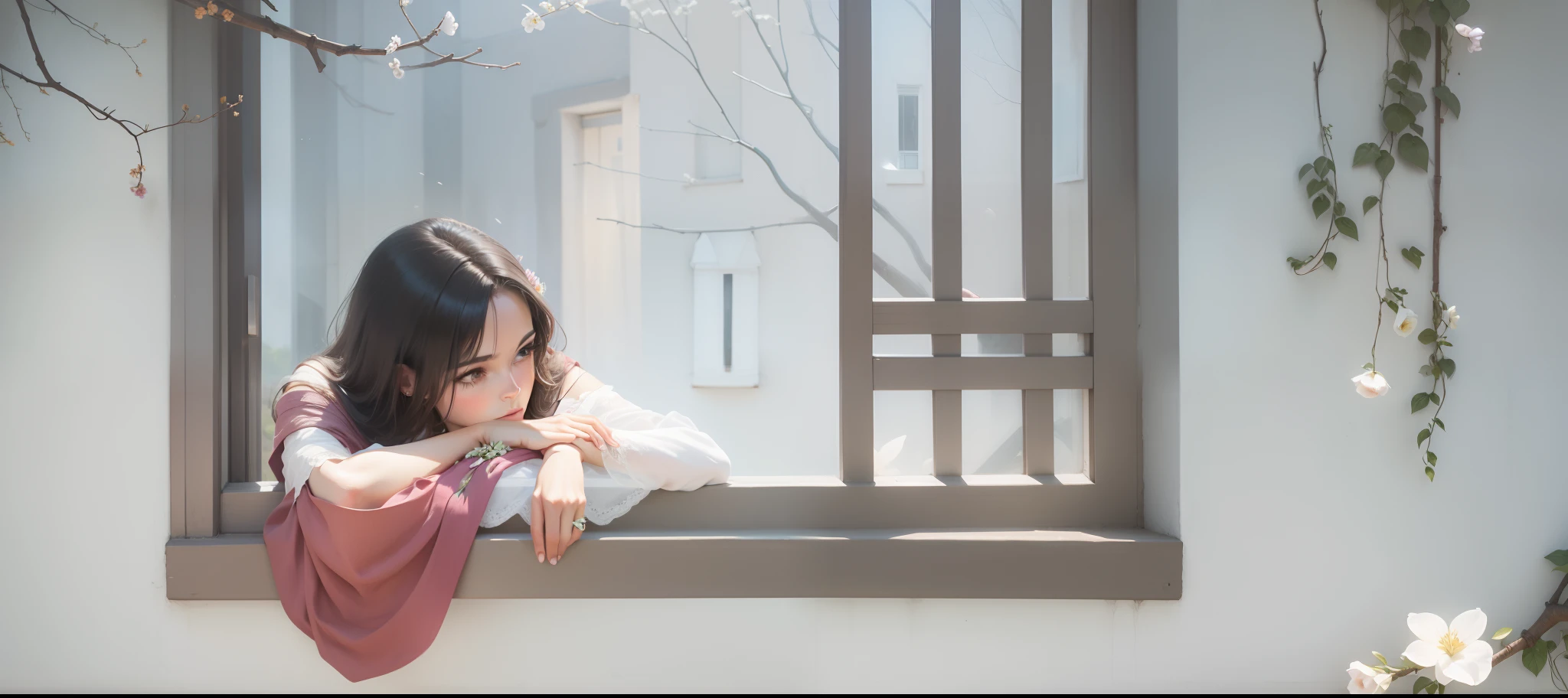 Beautiful Women,sitting near the window, with flowers hanging on the wall