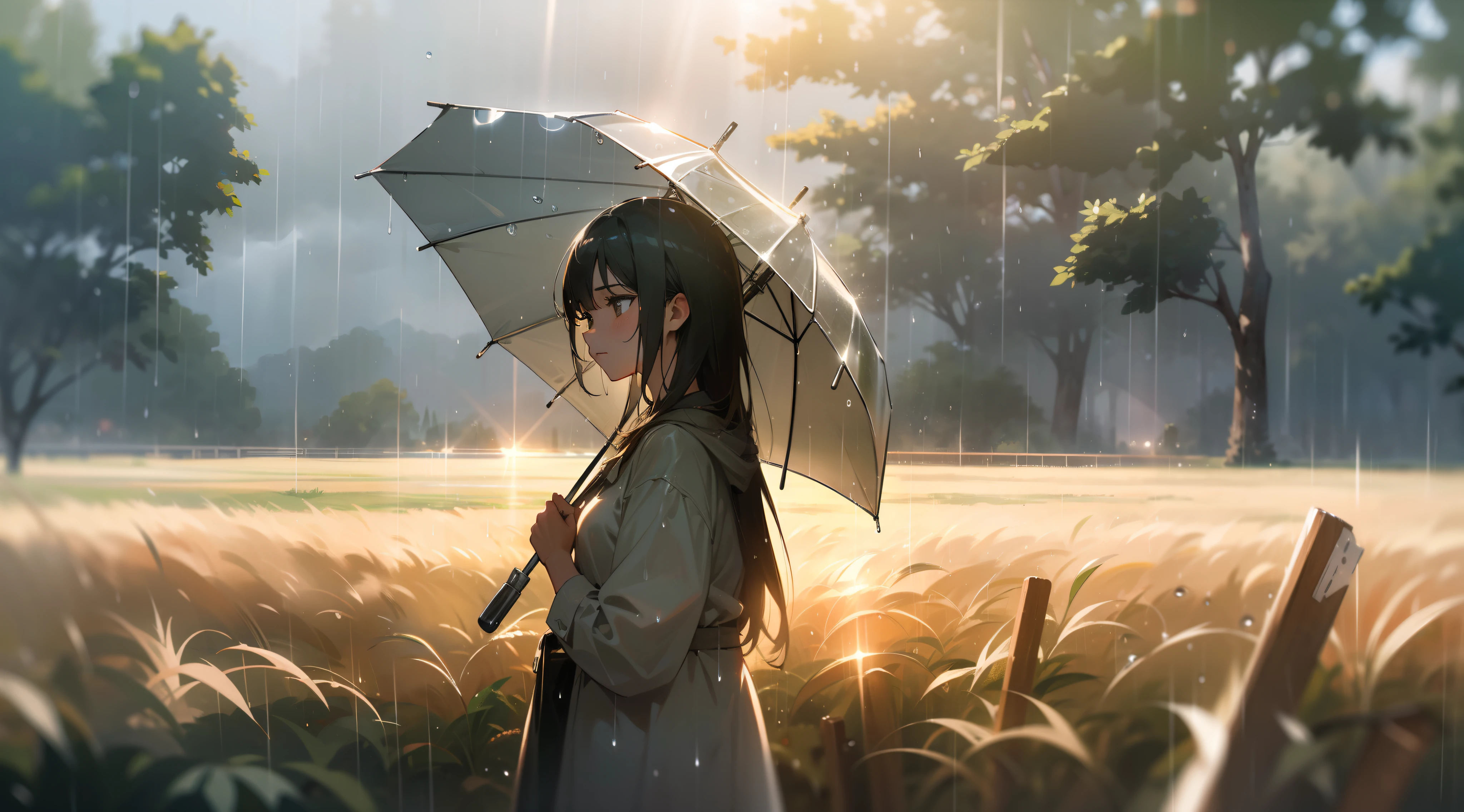 Ultra realistic, masterpiece quality, rain shower in open field ,(( sunlight reflecting through rain drops)), Cinematic, rain drops passing sunlight