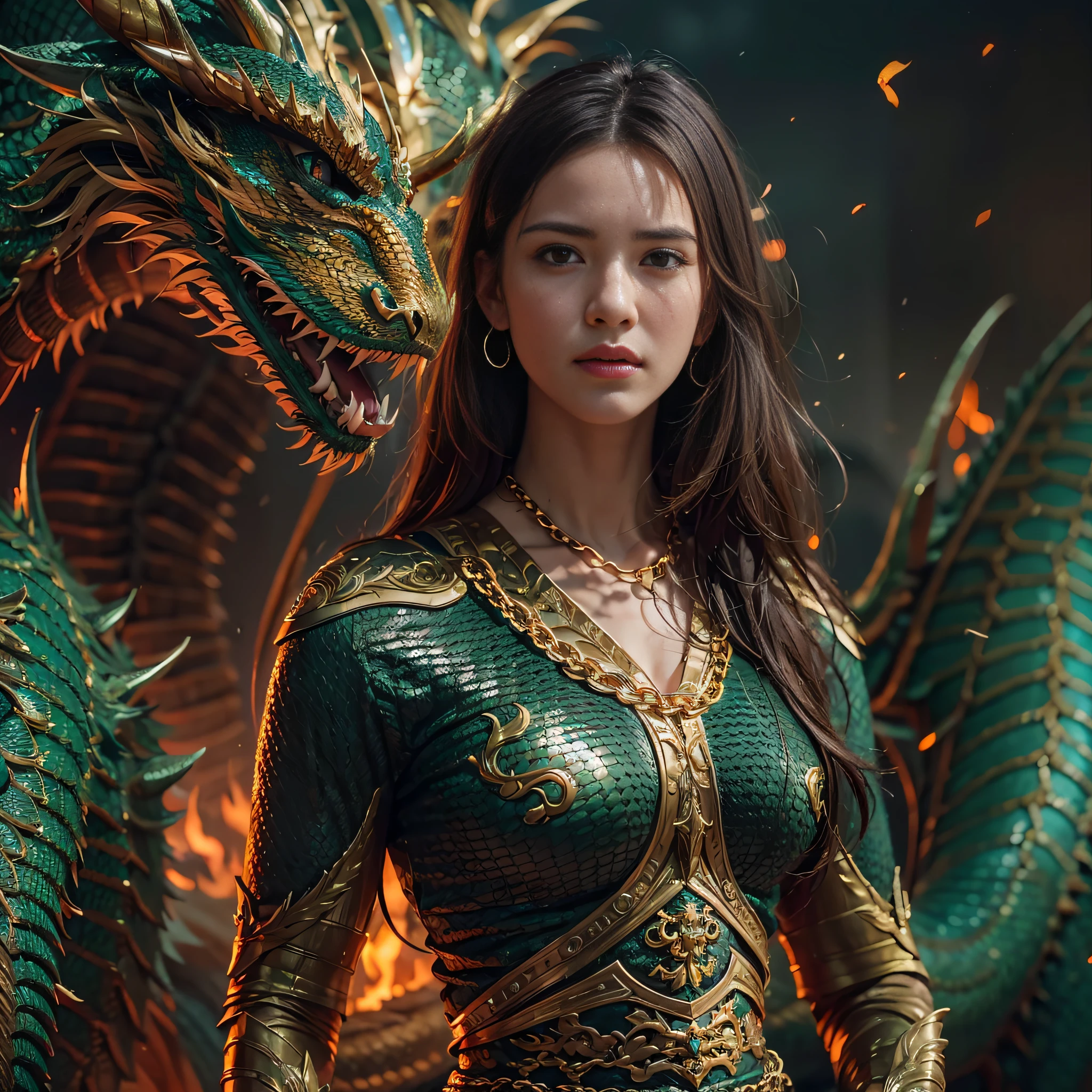 A beautiful girl with a emerald dragon, ((girl wearing golden armor)), (chain mail with dragon scale patterns), perfect facial features, delicate face, long hair, graceful, wisdom, courage, scales, horns, flames, wings, dragon claws, dragon protecting the girl, background for ancient desert, mysterious, protection, realistic quality, realism, 8k, best quality, masterpiece, cinematic quality, high chiaroscuro, octane rendering, Cinematic Still, Movie Still