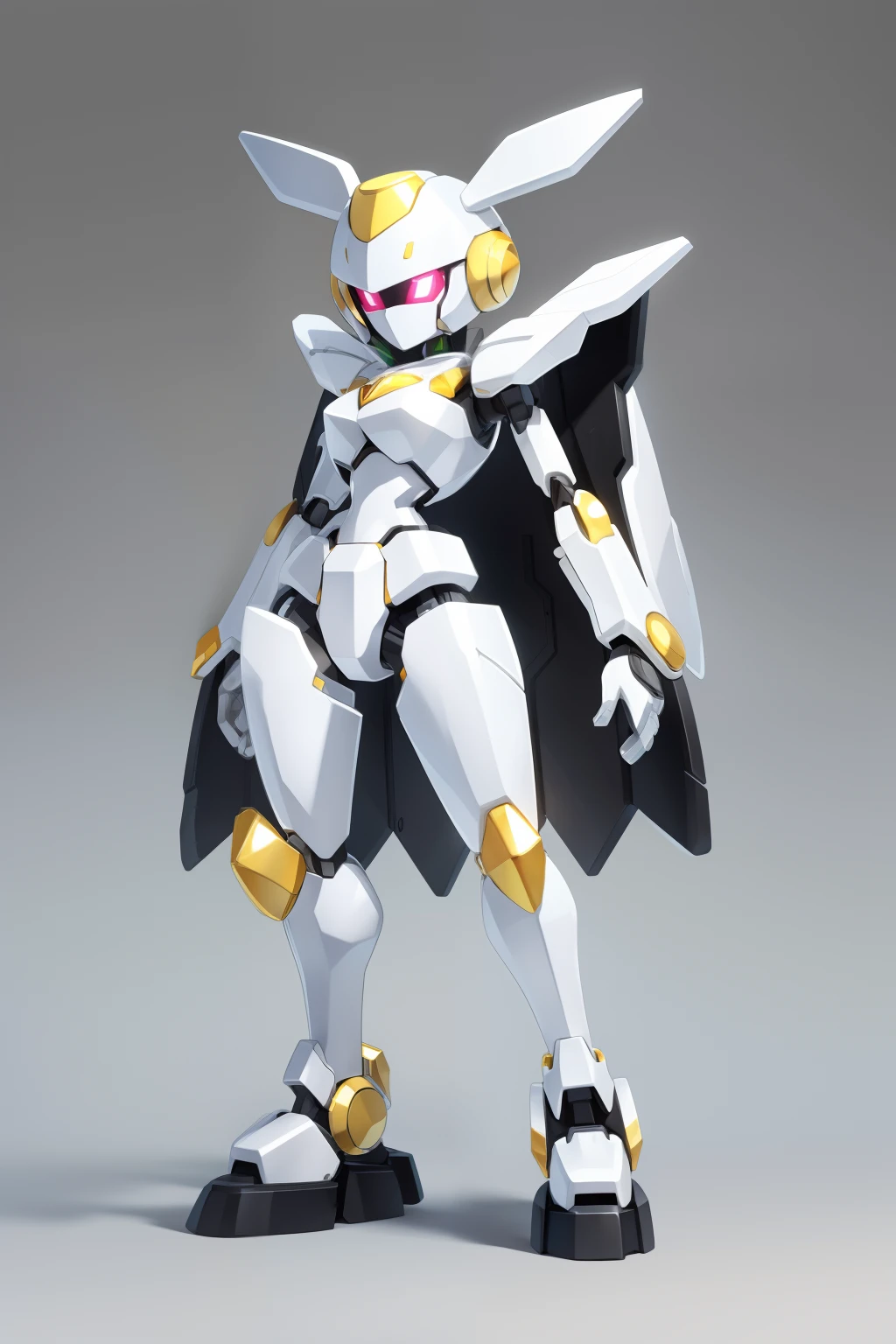 A white and black Medabot with gold trim, high detail, simple background, MedabotV2, robotgirl, femenine, cute